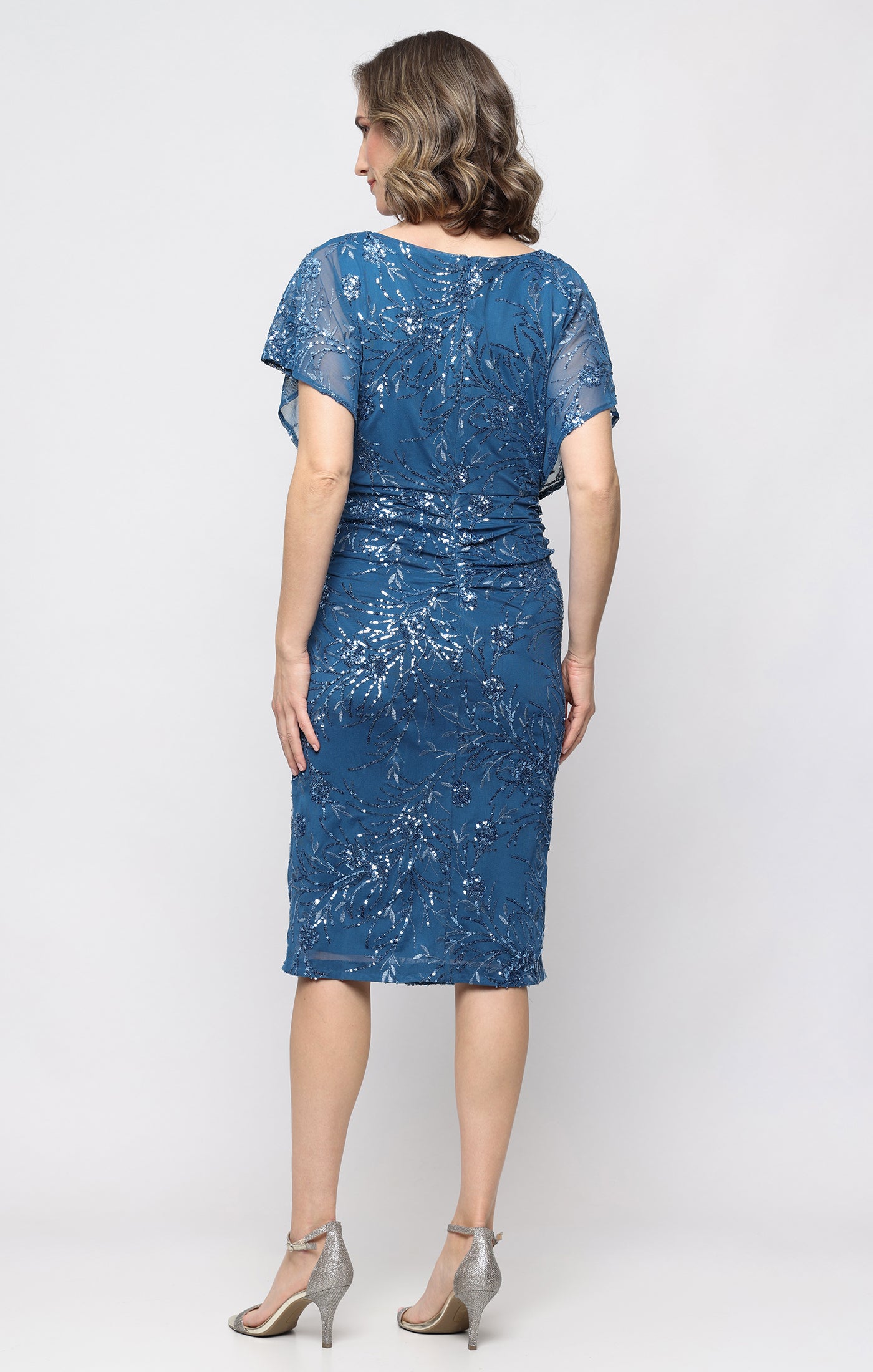 Short Embroidered Stretch Tulle Blouson Dress with Sequin Detail