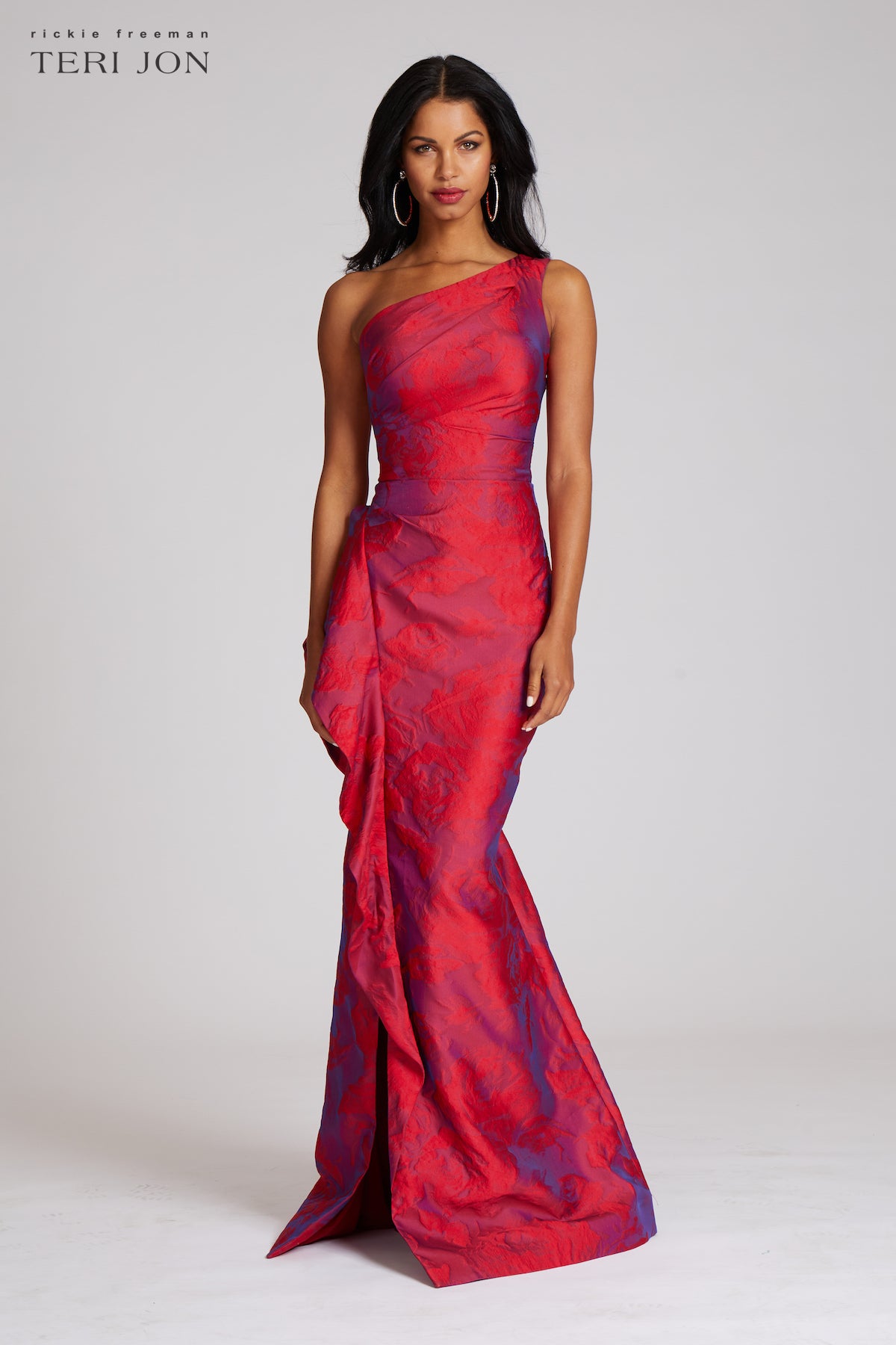 Jacquard One Shoulder Ruched Side Peplum Gown