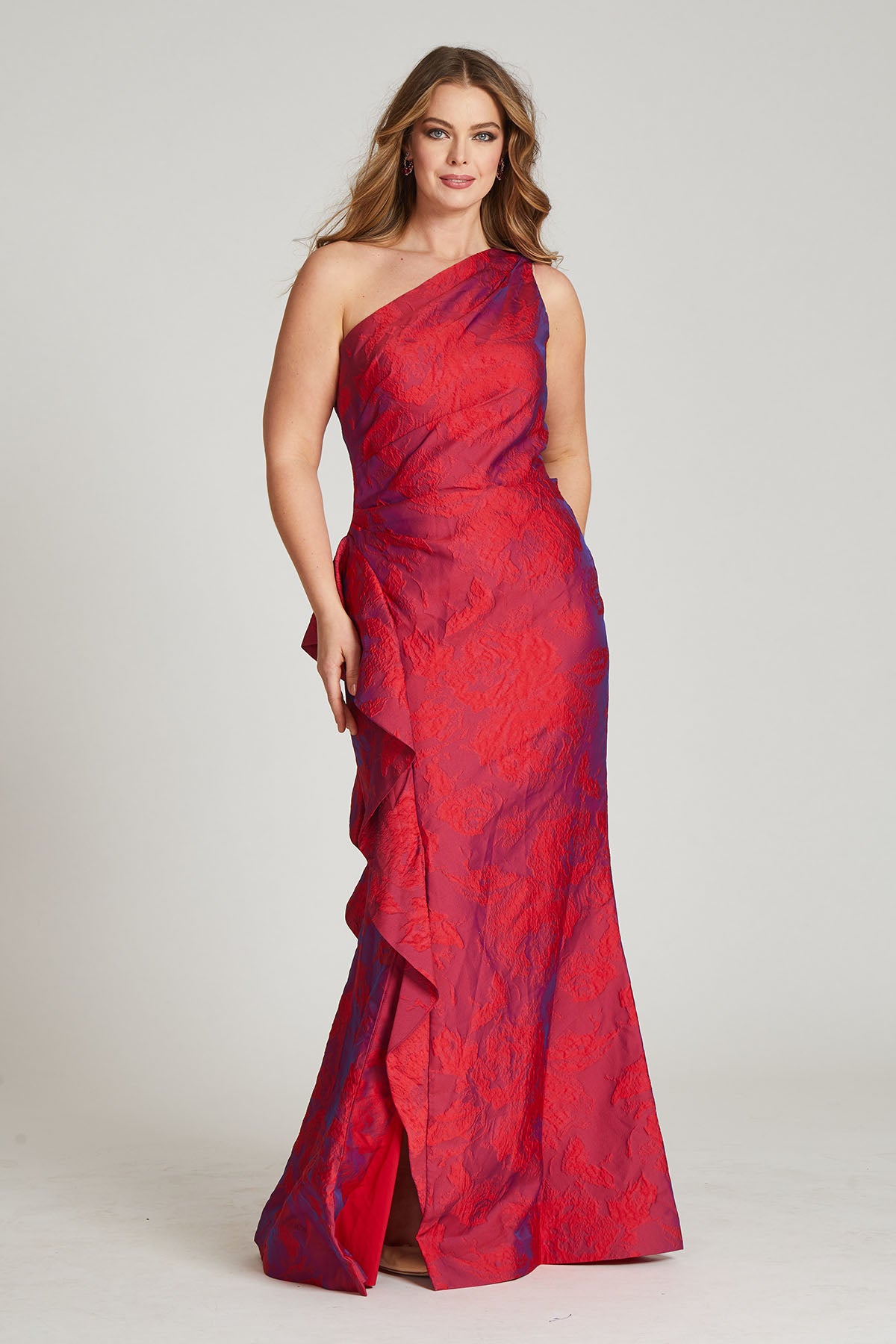 Jacquard One Shoulder Ruched Side Peplum Gown