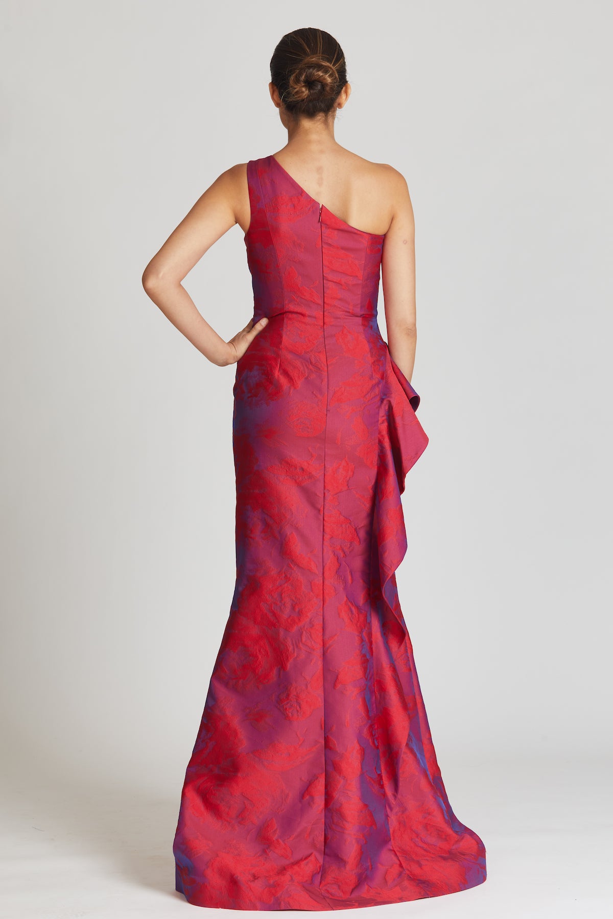 Jacquard One Shoulder Ruched Side Peplum Gown
