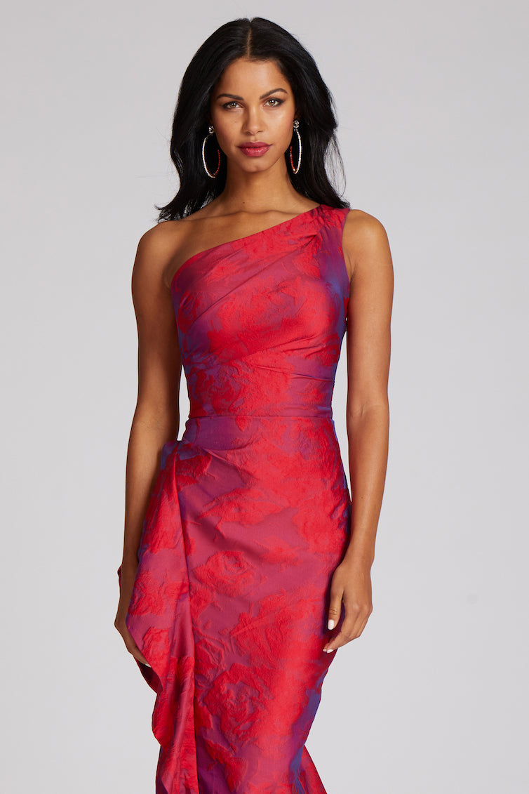 Jacquard One Shoulder Ruched Side Peplum Gown