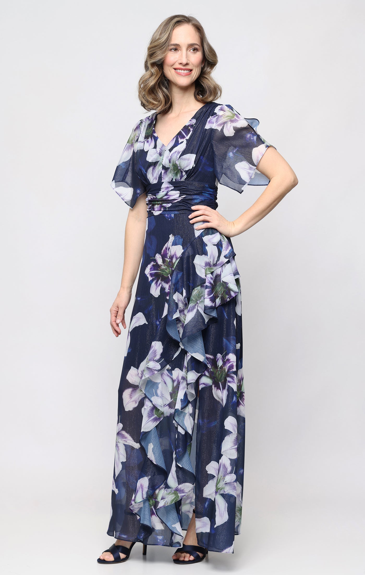 Printed Shimmer Chiffon V-Neckline Dress with Cascade Ruffle Detail Skirt