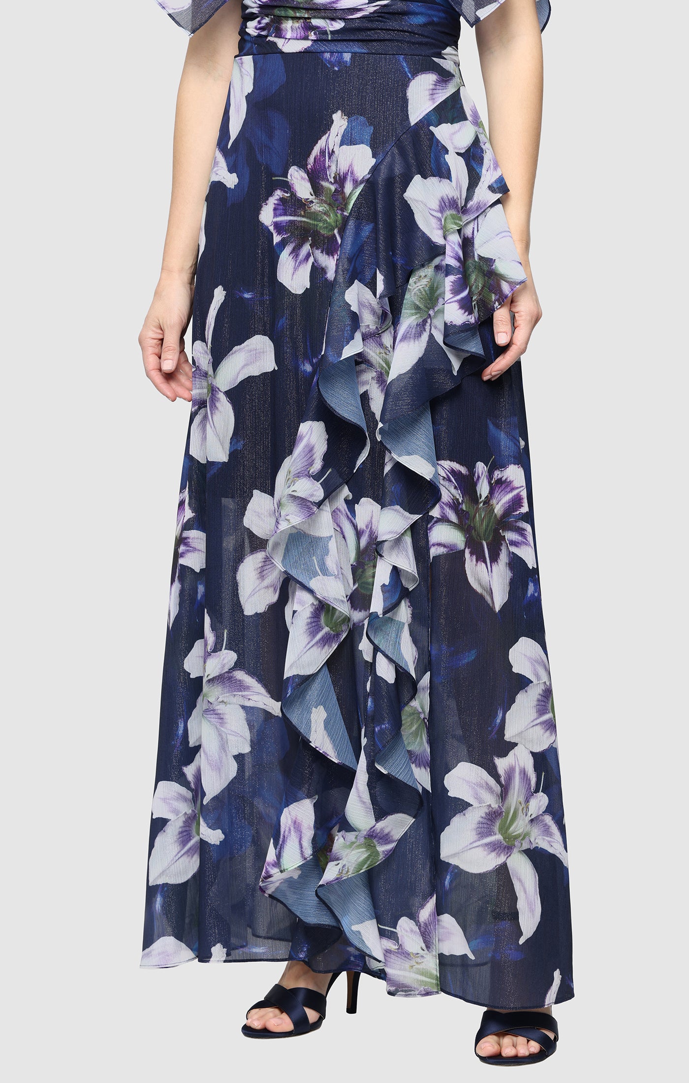 Printed Shimmer Chiffon V-Neckline Dress with Cascade Ruffle Detail Skirt