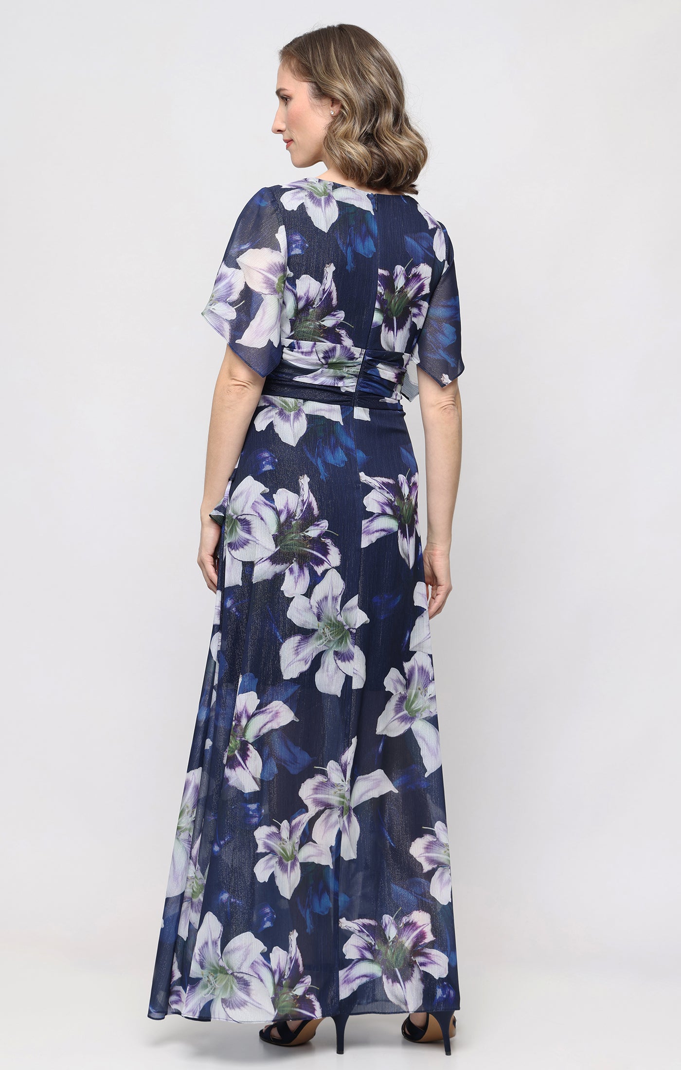 Printed Shimmer Chiffon V-Neckline Dress with Cascade Ruffle Detail Skirt