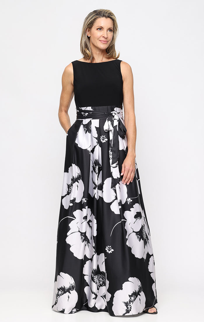 Printed Satin Charmeuse Ballgown with Tie Waist Detail