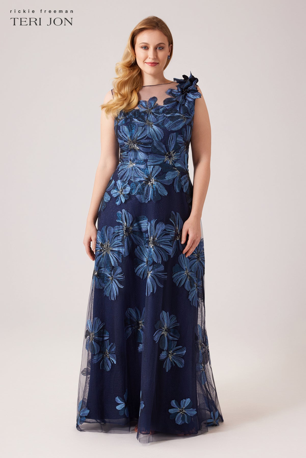 Floral Embroidered Tulle Gown With 3D Flower