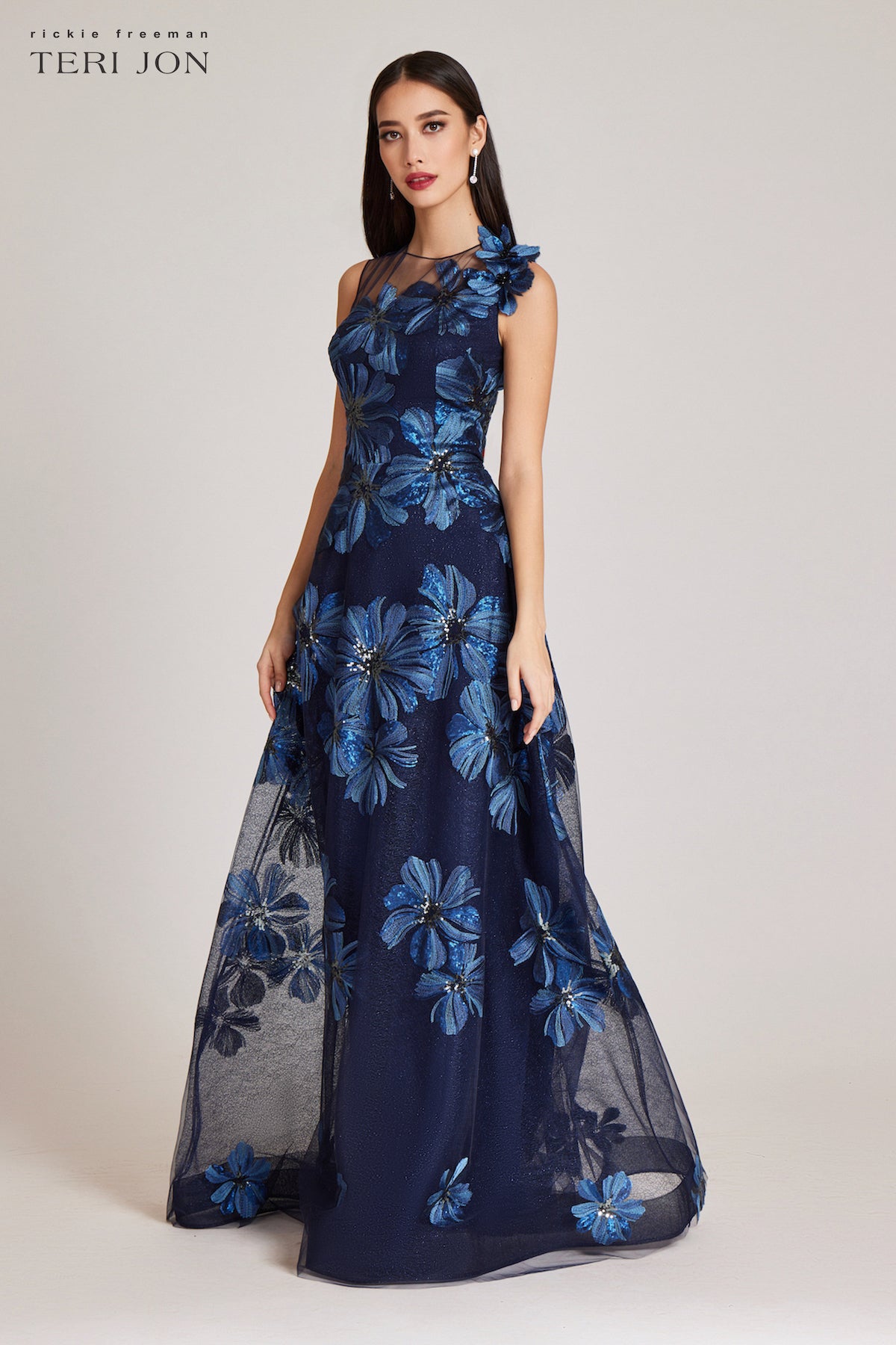 Floral Embroidered Tulle Gown With 3D Flower