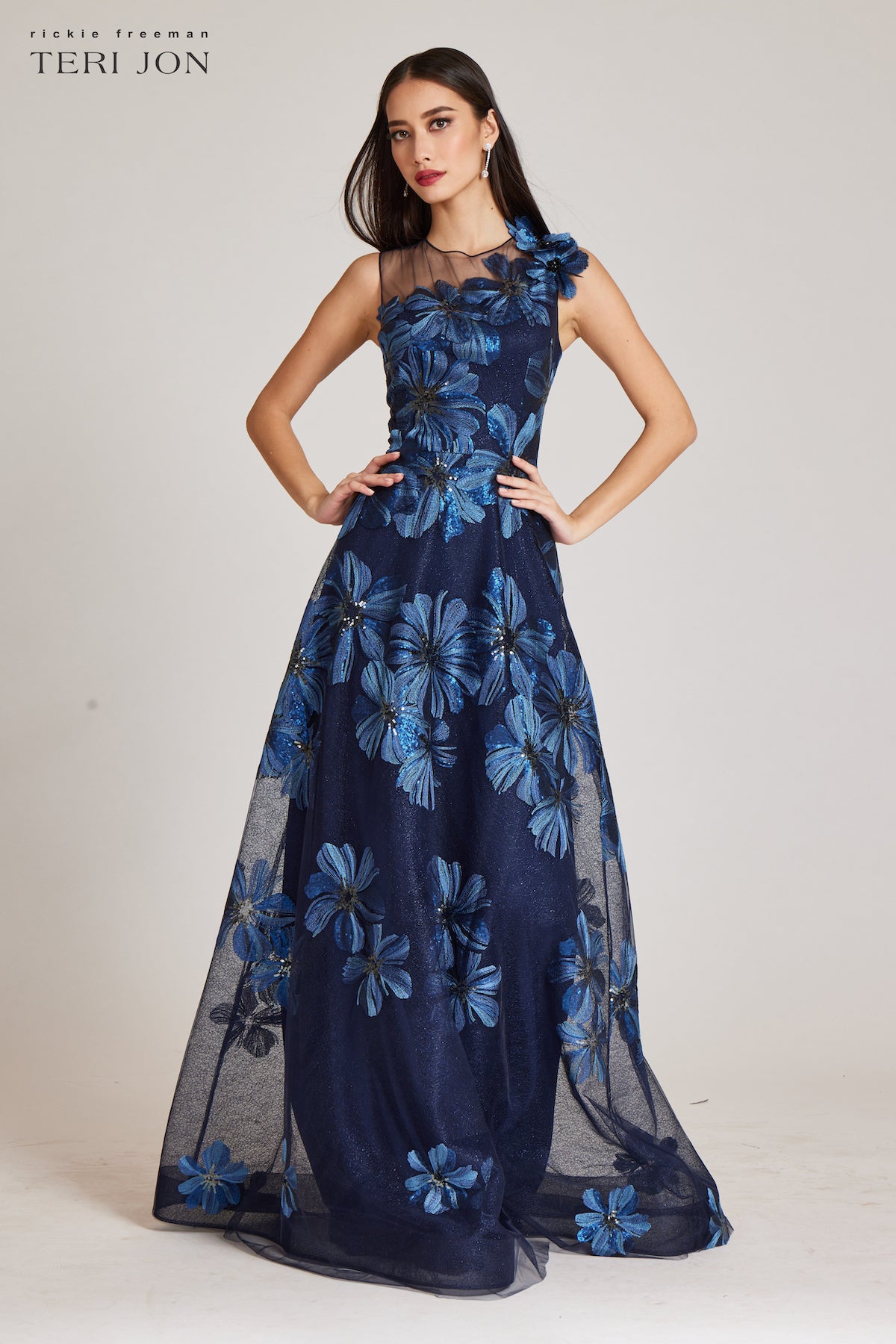Floral Embroidered Tulle Gown With 3D Flower