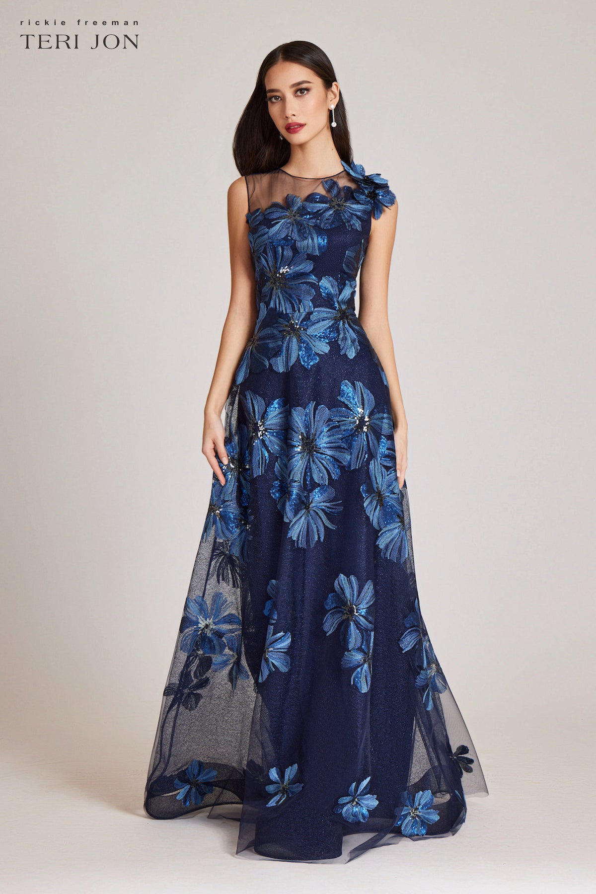 Floral Embroidered Tulle Gown With 3D Flower