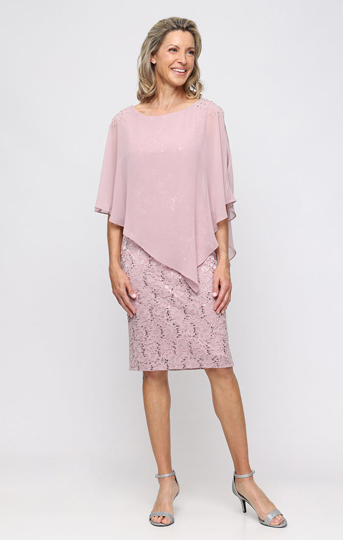 Short Stretch Lace Sheath Dress with Asymmetric Chiffon Overlay and Embellished Shoulder Detail