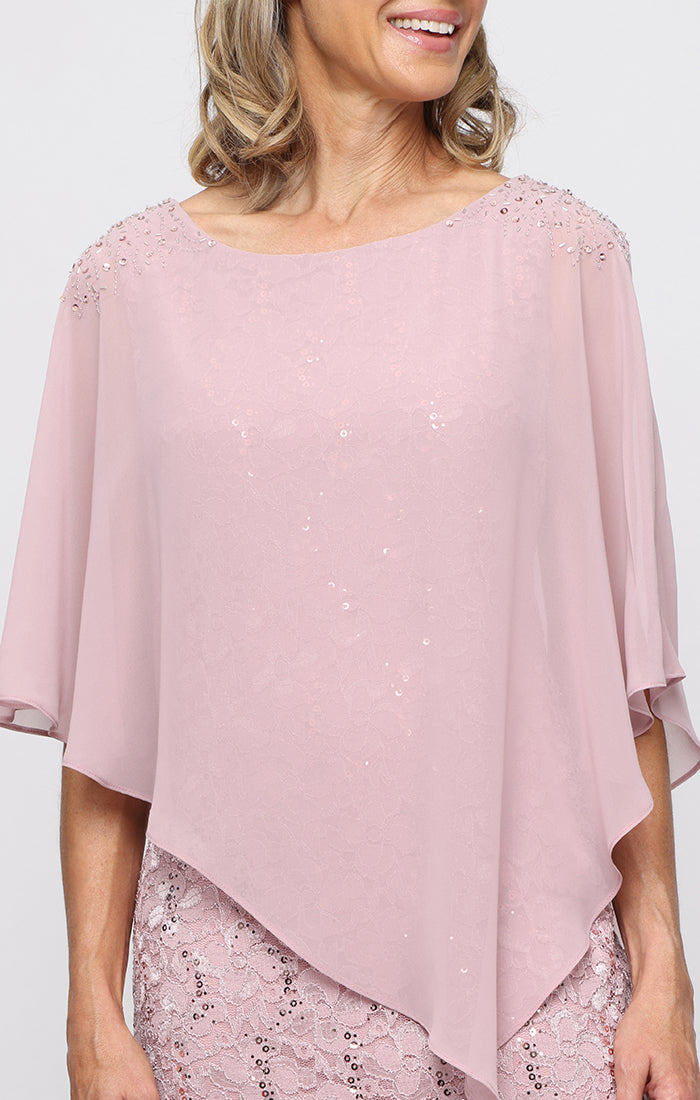 Short Stretch Lace Sheath Dress with Asymmetric Chiffon Overlay and Embellished Shoulder Detail