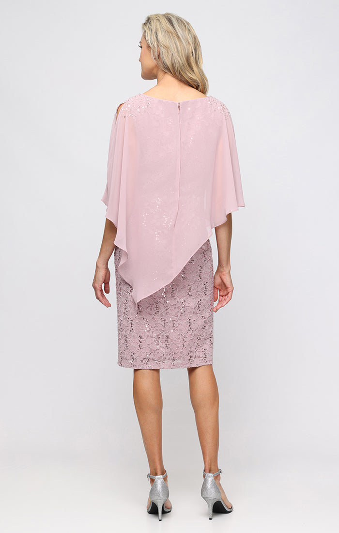 Short Stretch Lace Sheath Dress with Asymmetric Chiffon Overlay and Embellished Shoulder Detail