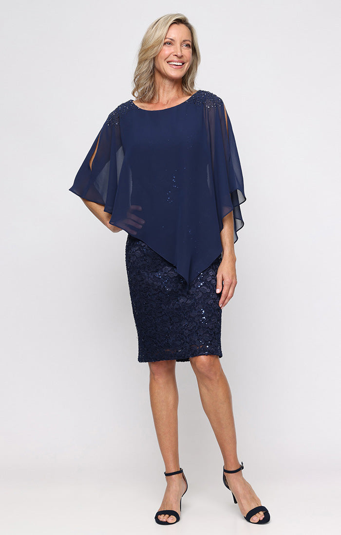 Short Stretch Lace Sheath Dress with Asymmetric Chiffon Overlay and Embellished Shoulder Detail