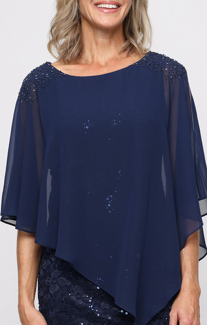 Short Stretch Lace Sheath Dress with Asymmetric Chiffon Overlay and Embellished Shoulder Detail
