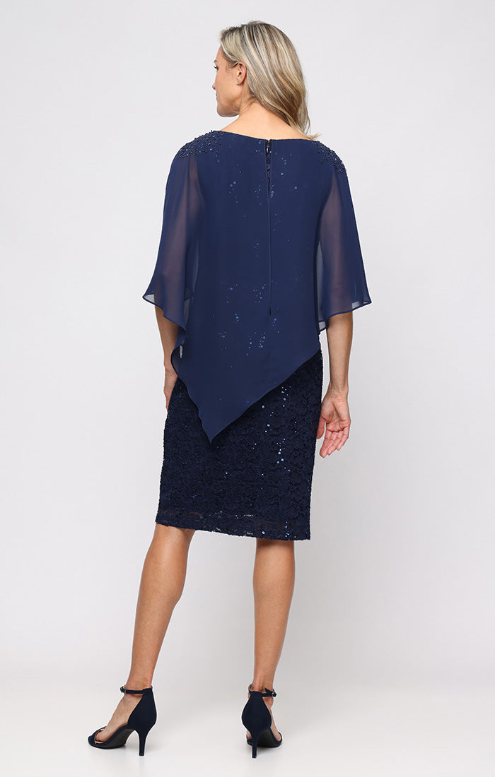 Short Stretch Lace Sheath Dress with Asymmetric Chiffon Overlay and Embellished Shoulder Detail