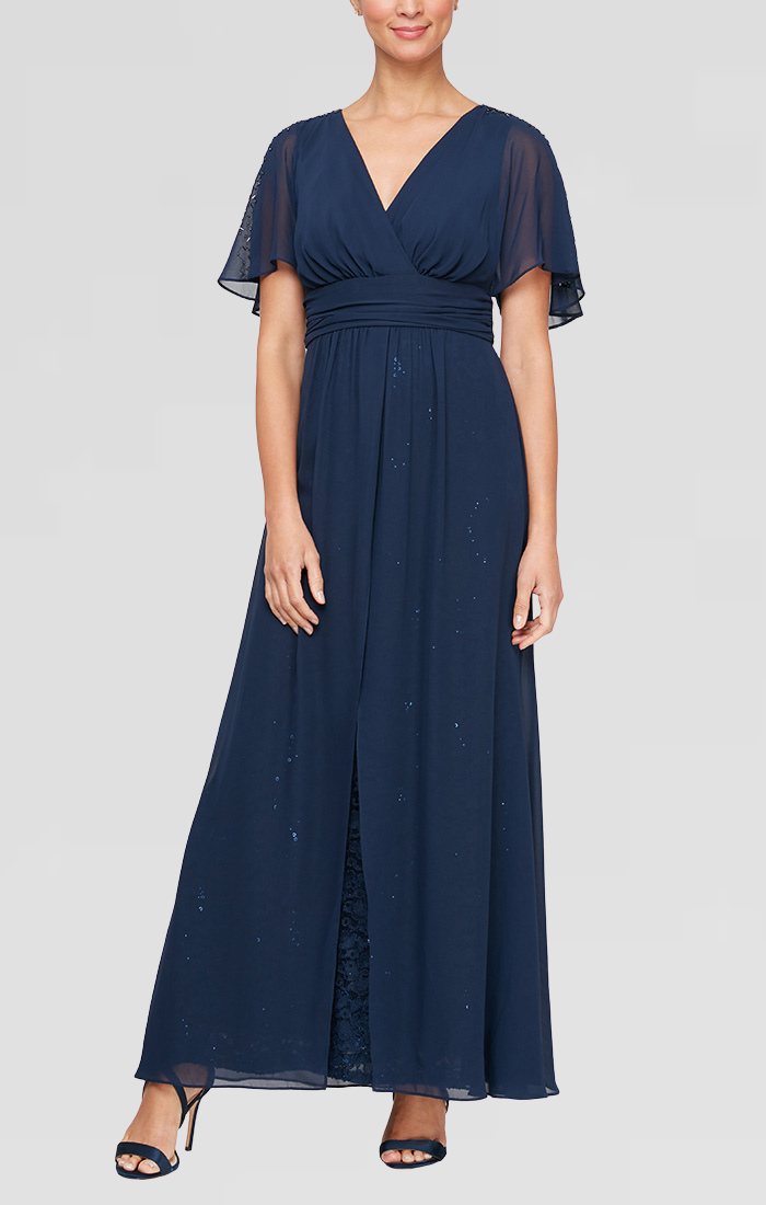 Long Walk Through Dress With Surplice Neckline and Embellished Illusion Sleeves