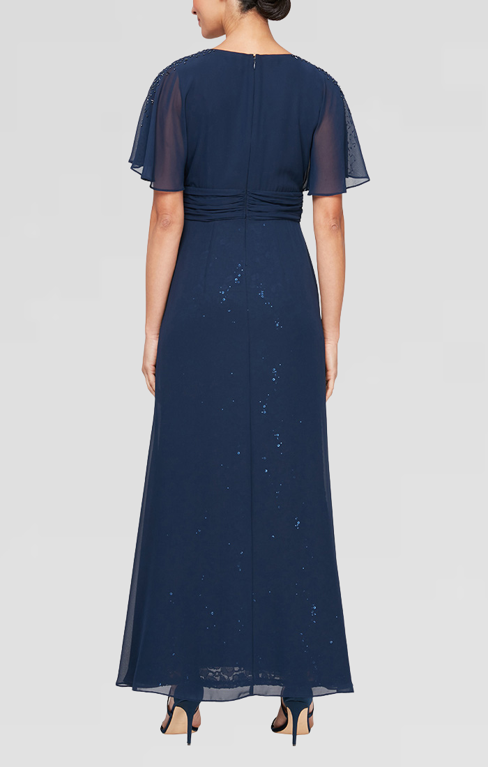 Long Walk Through Dress With Surplice Neckline and Embellished Illusion Sleeves