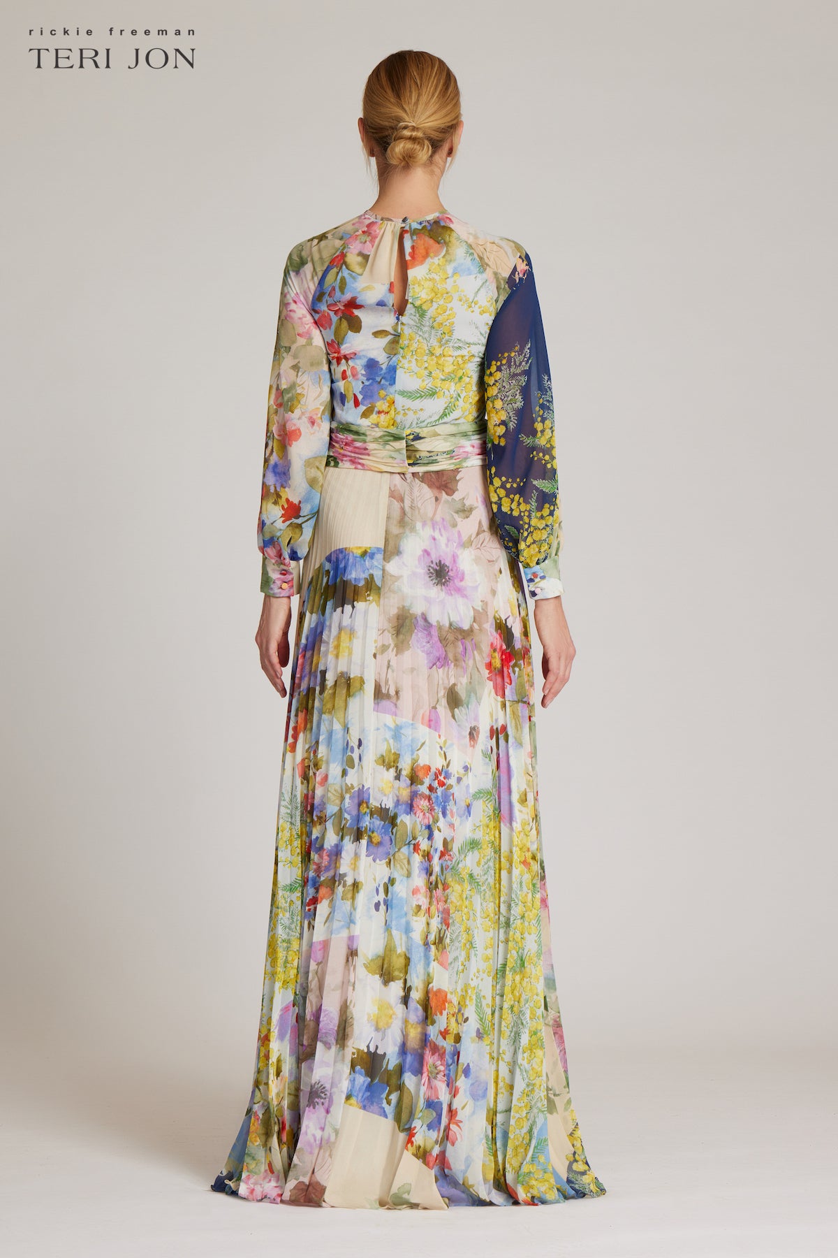 Patchwork Print Pleated Chiffon Maxi Gown