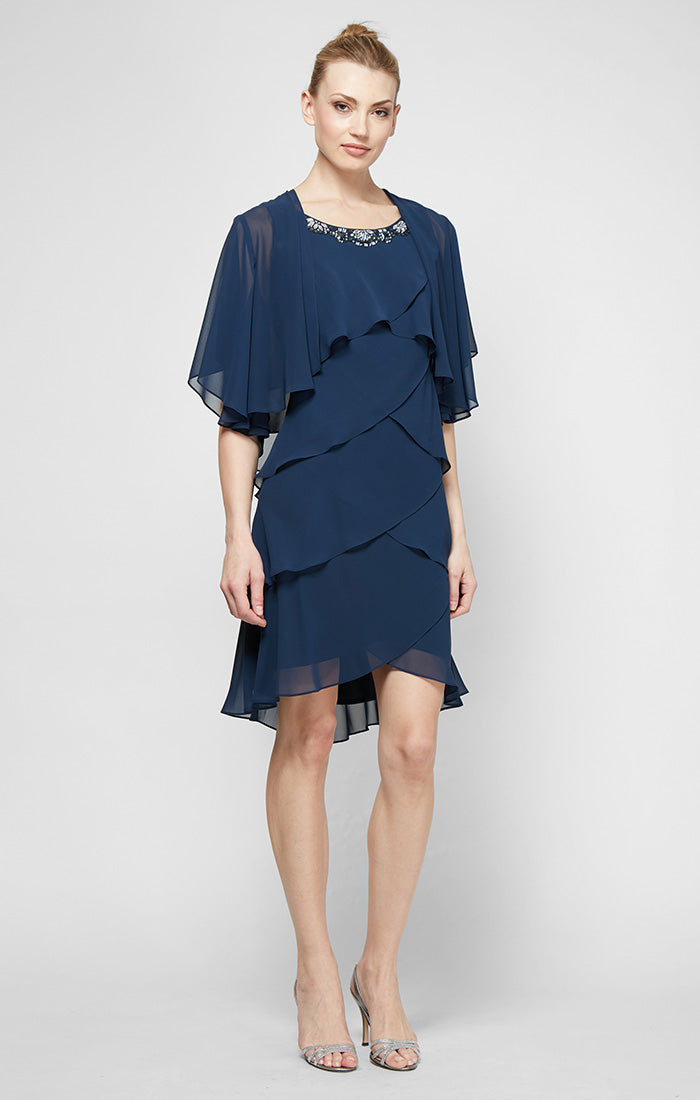 Tiered Chiffon Jacket Dress with Beaded Neck Detail