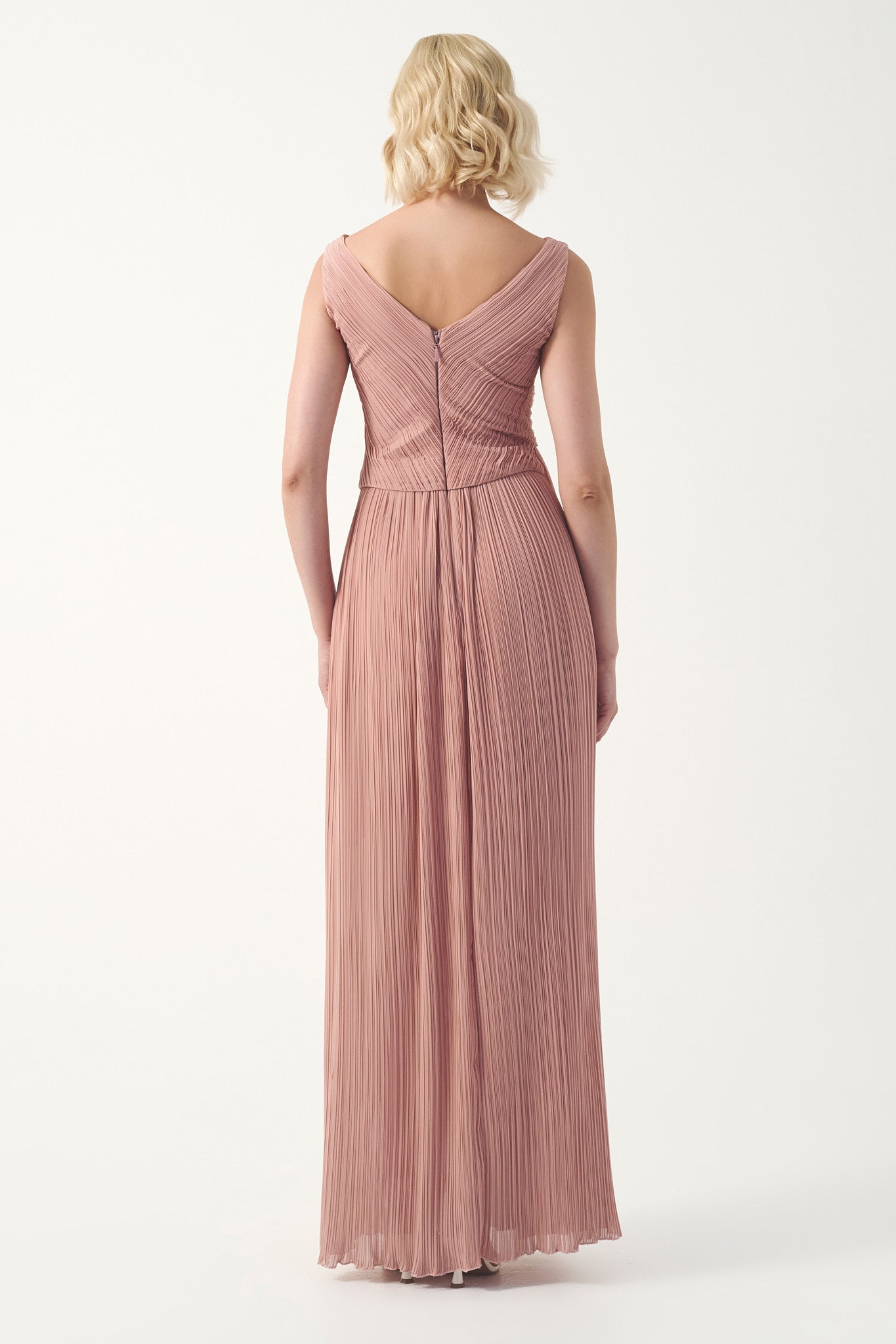 Pleated V-Neck long evening gown
