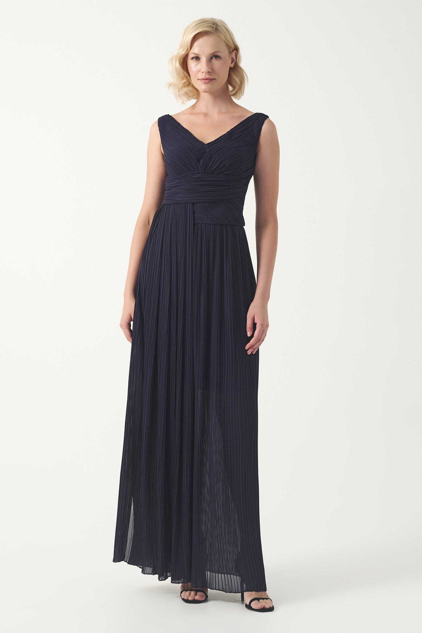 Pleated V-Neck long evening gown