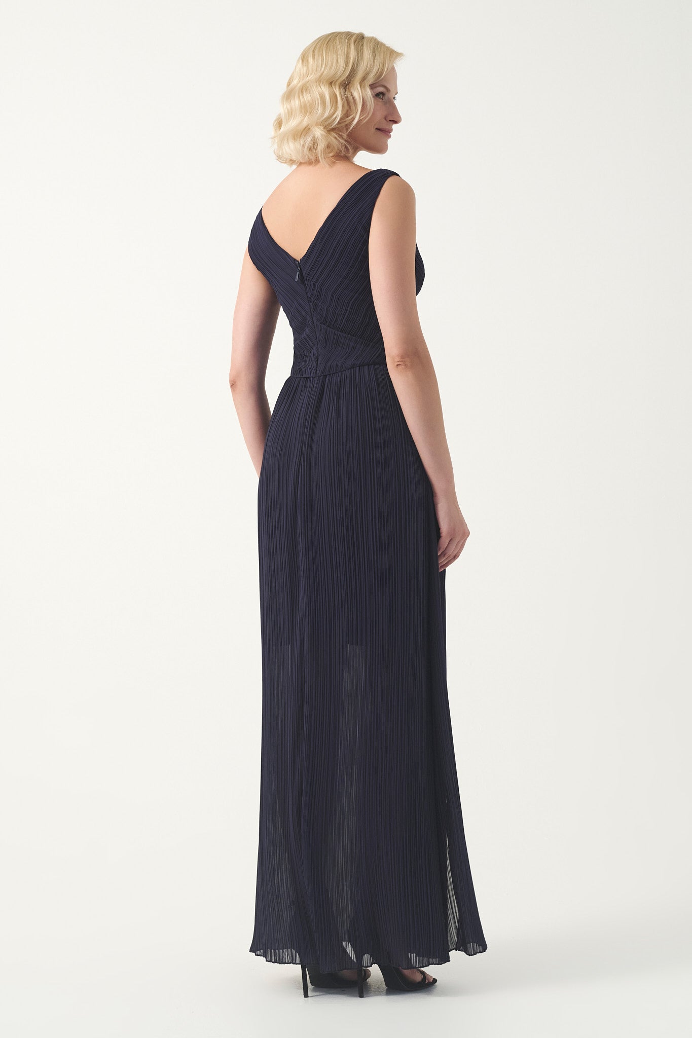 Pleated V-Neck long evening gown