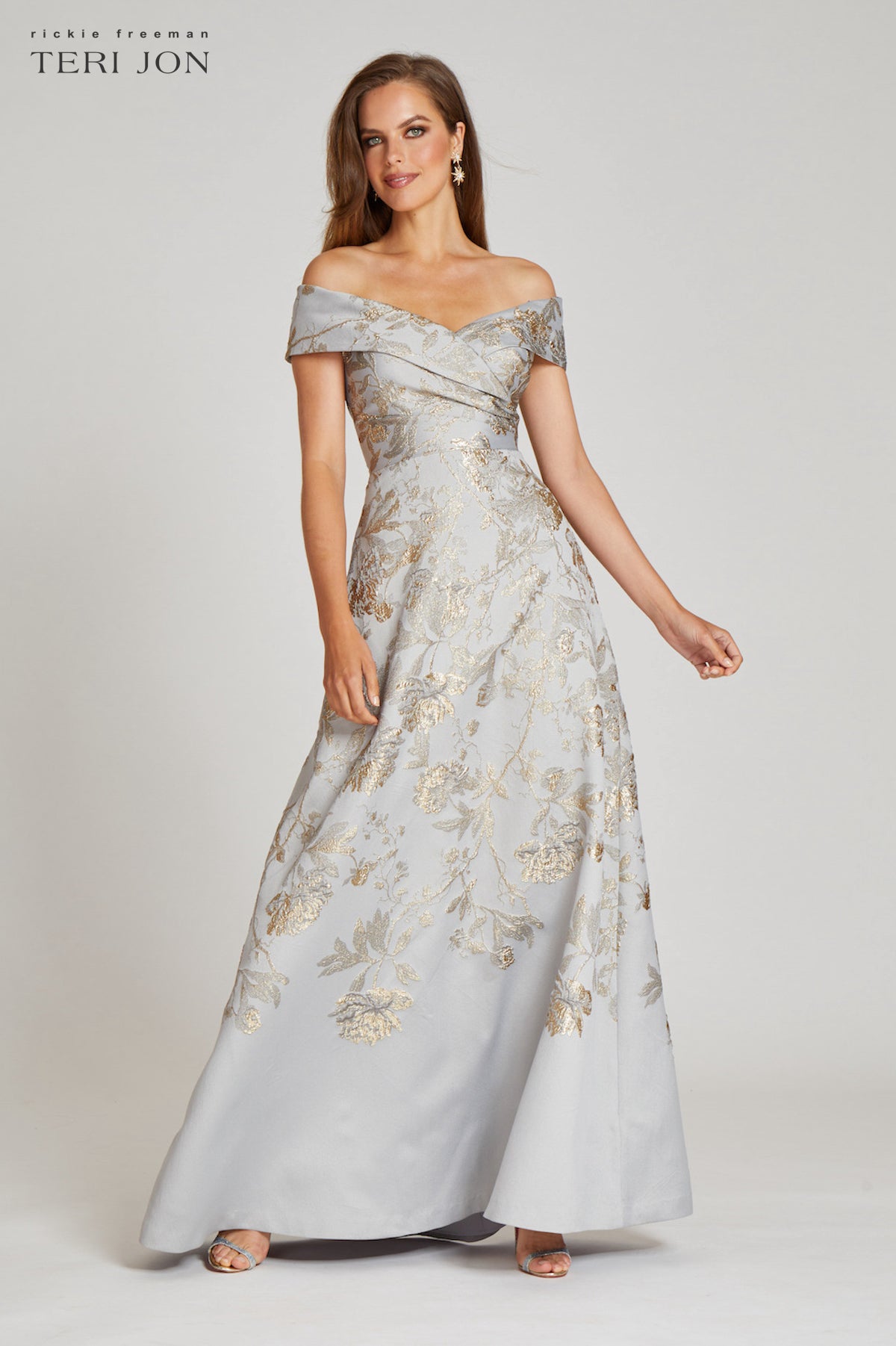 Off The Shoulder Metallic Jacquard A-Line Gown
