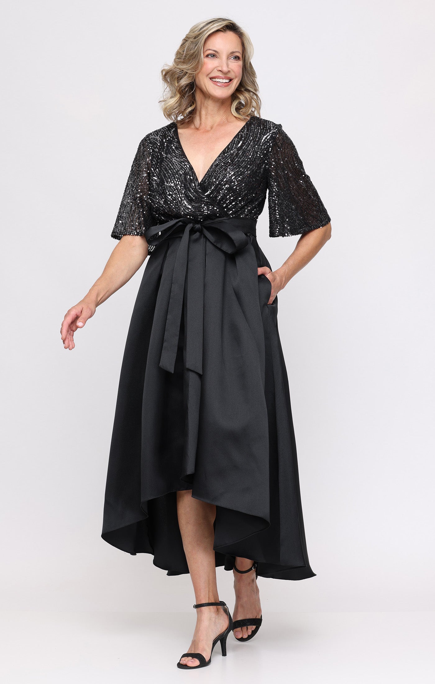 High/Low Surplice Dress with Sequin Flutter Sleeve Bodice and Mikado Tie Waist Skirt