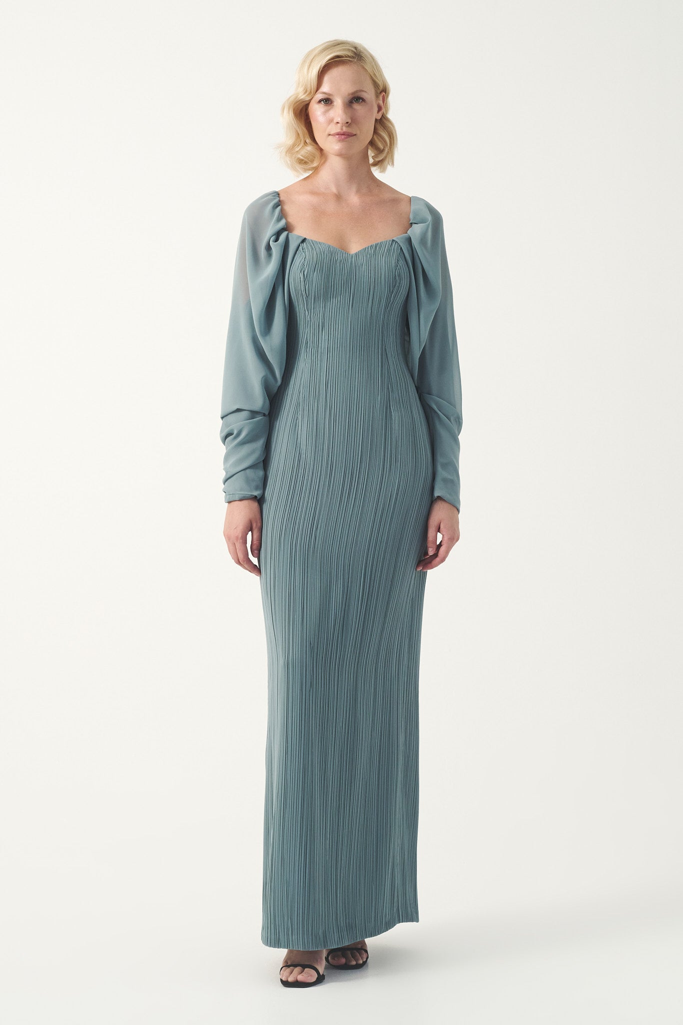 Pleated Gown with Draped Sleeves