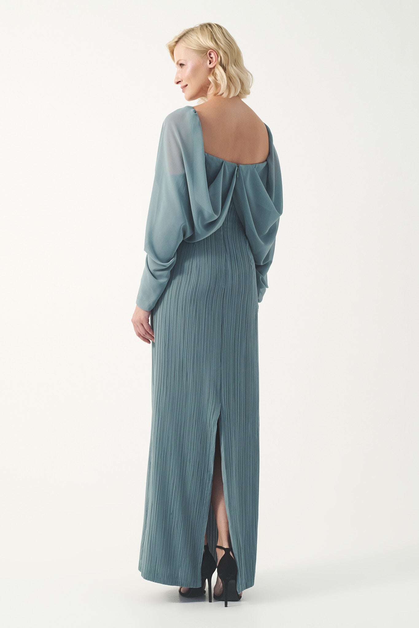 Pleated Gown with Draped Sleeves