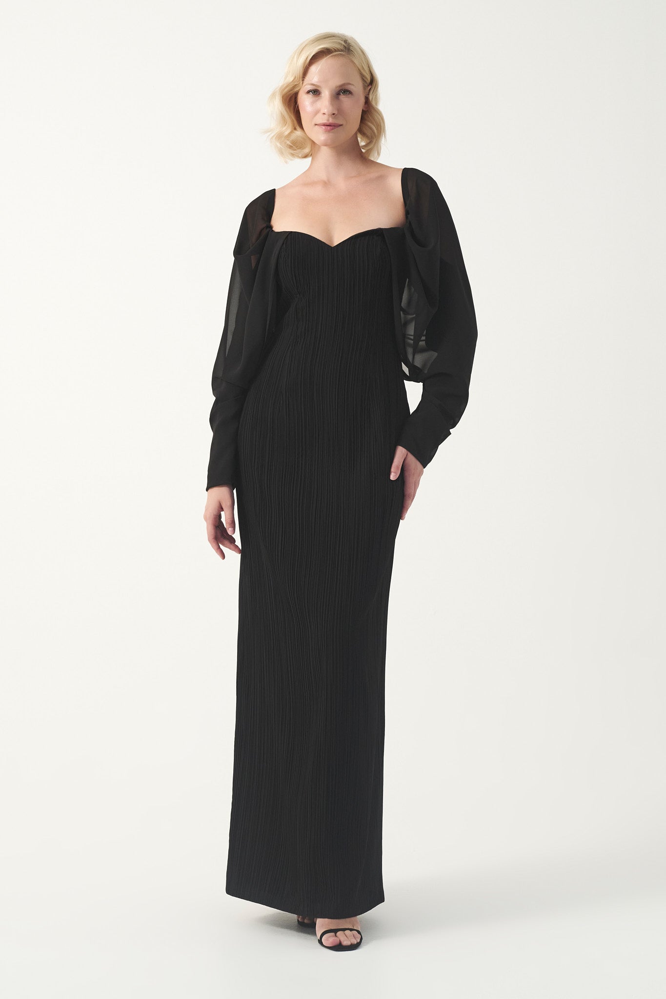Pleated Gown with Draped Sleeves