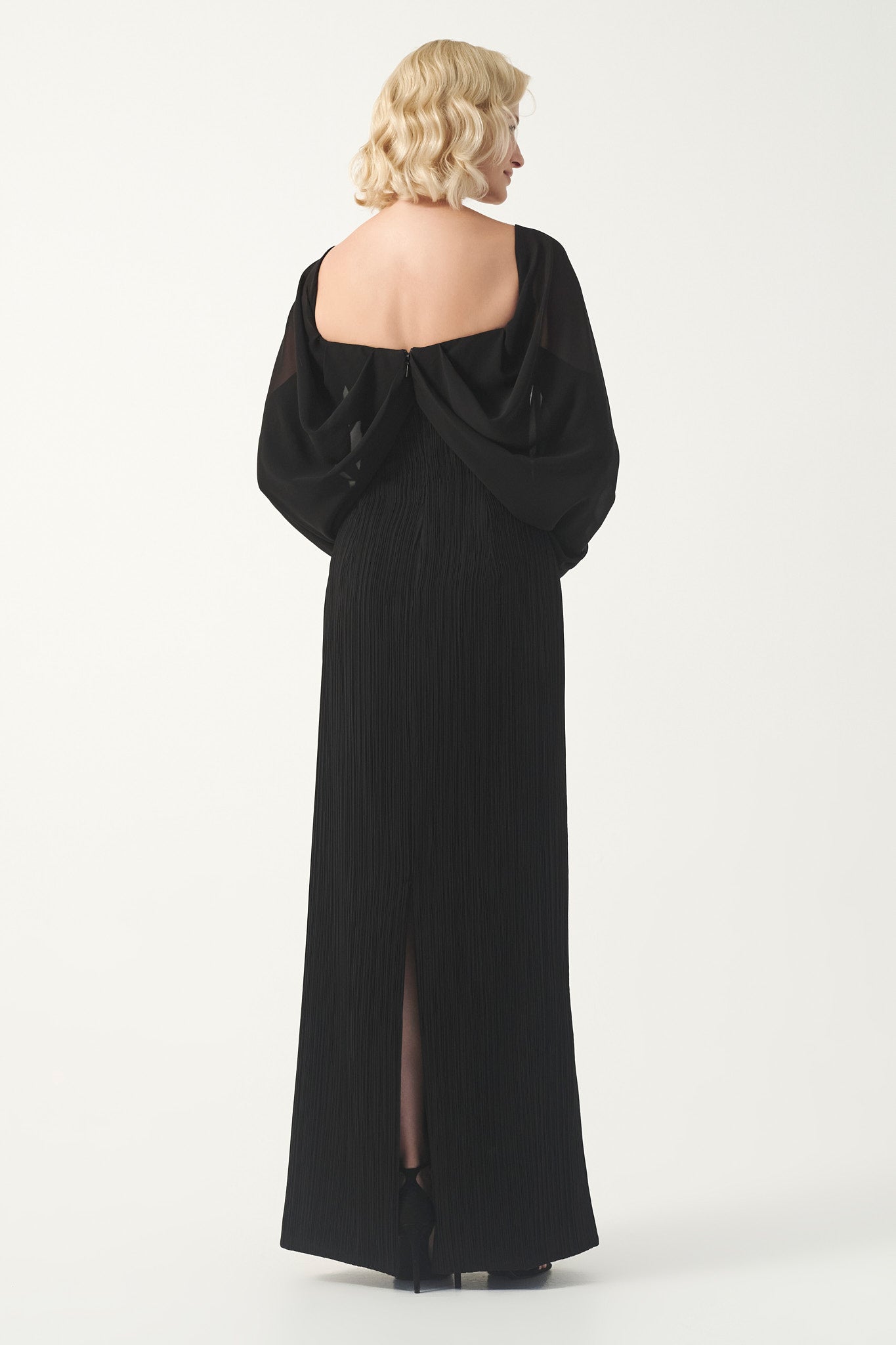 Pleated Gown with Draped Sleeves