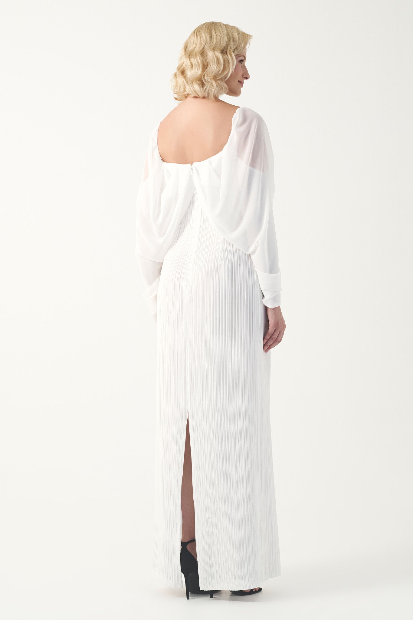 Pleated Gown with Draped Sleeves