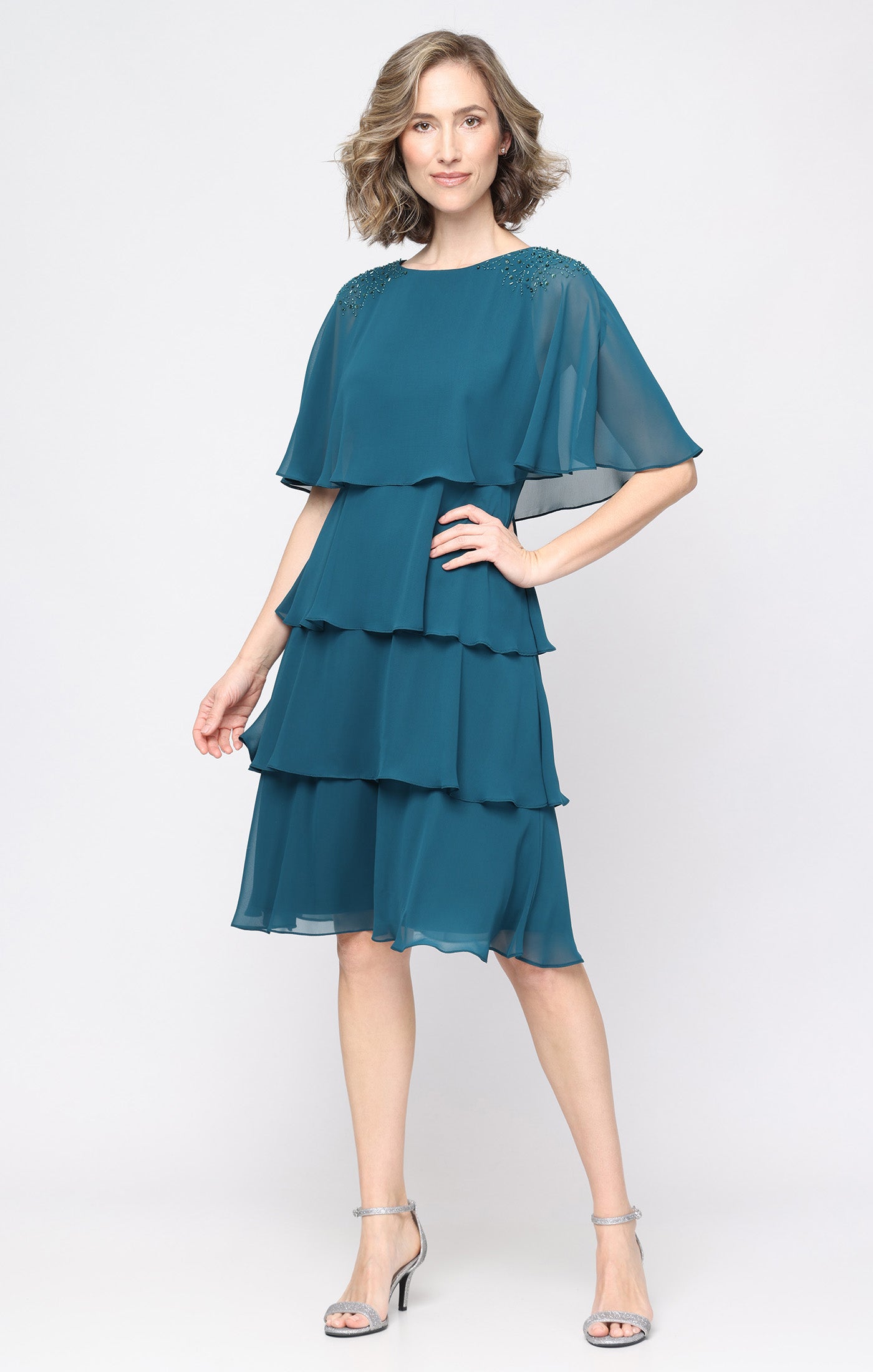 Short Chiffon Tiered Dress with Beaded Shoulder Detail
