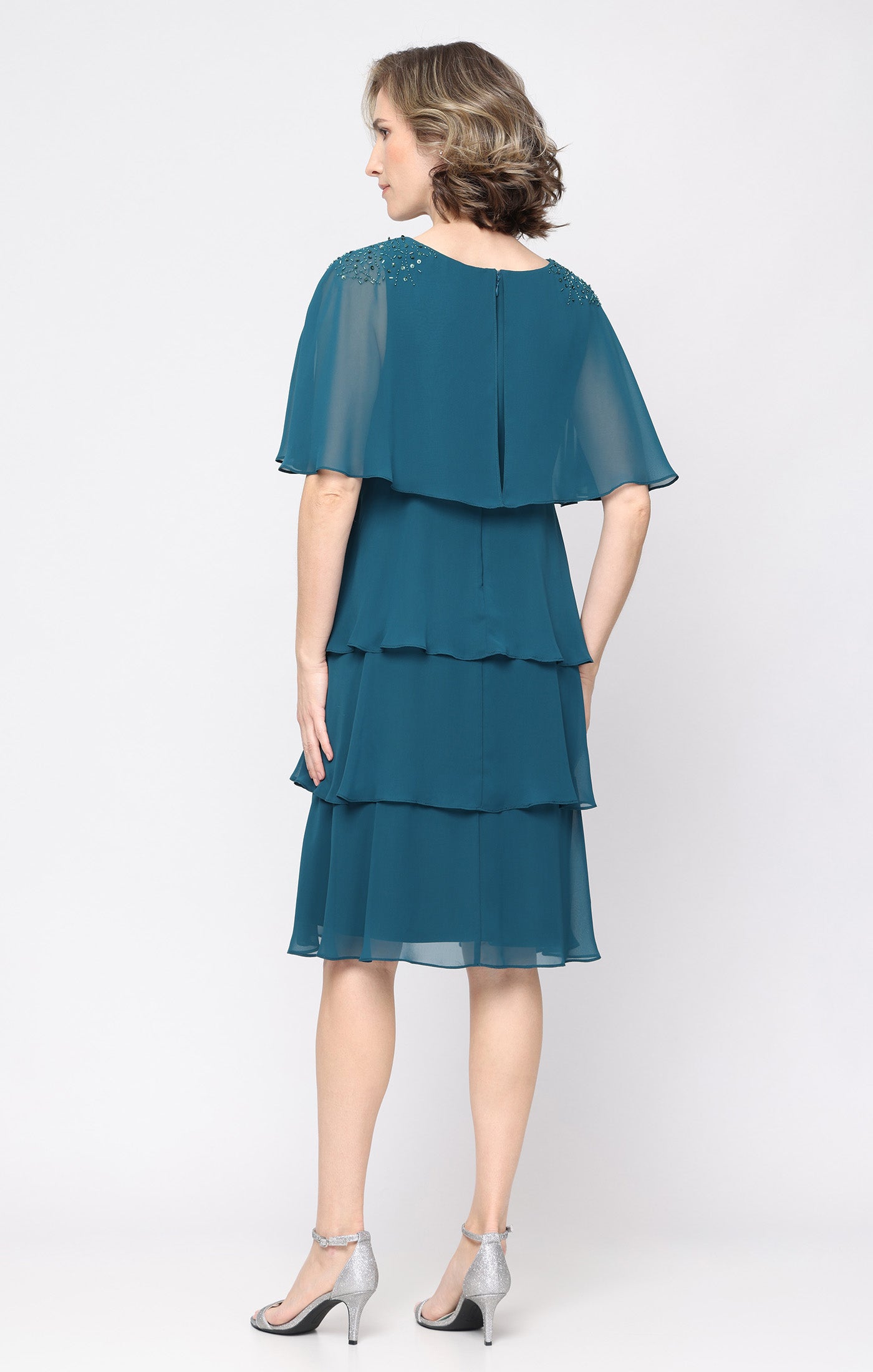 Short Chiffon Tiered Dress with Beaded Shoulder Detail