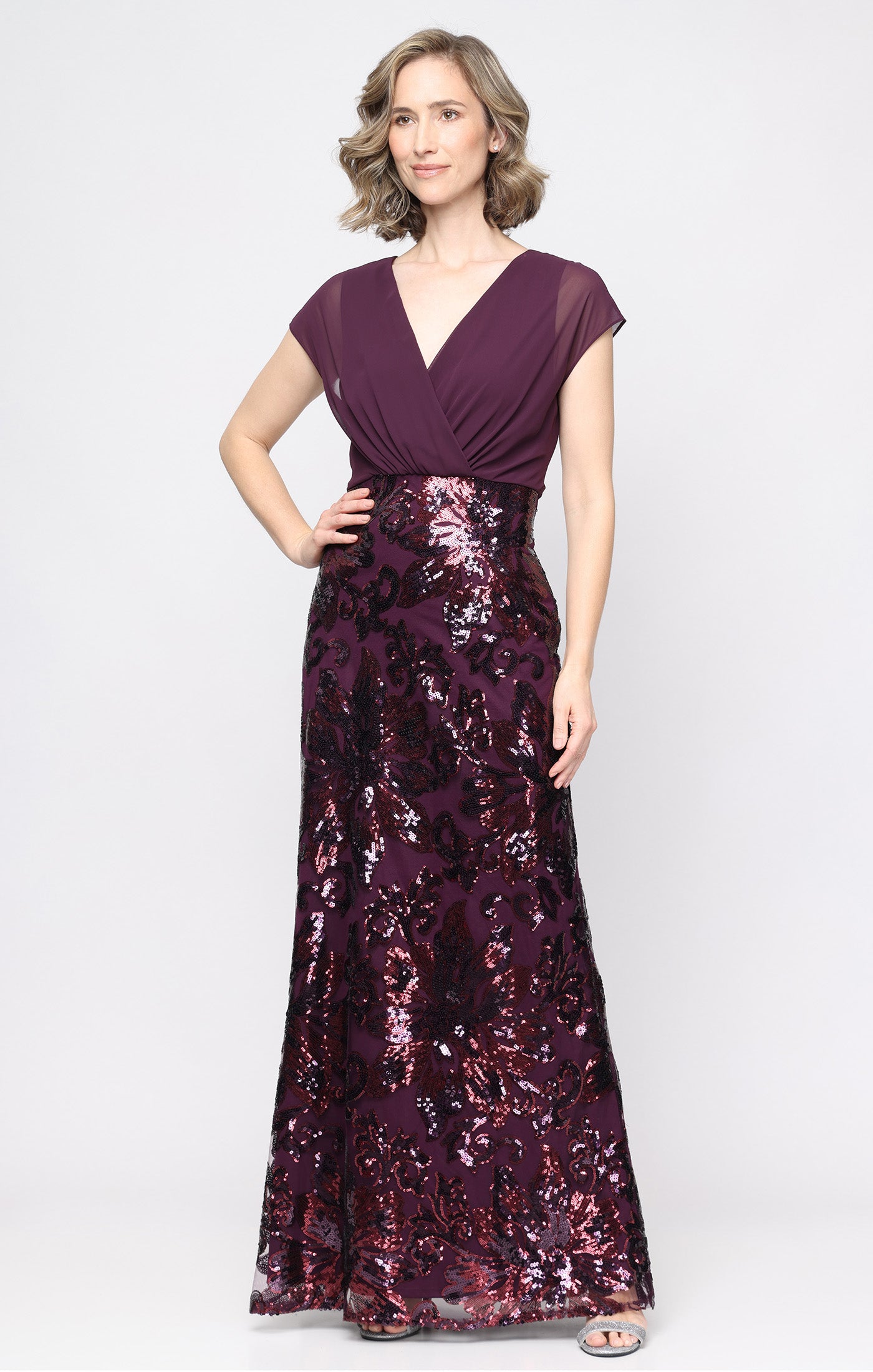 Long Stretch Sequin Dress with Chiffon Surplice Bodice