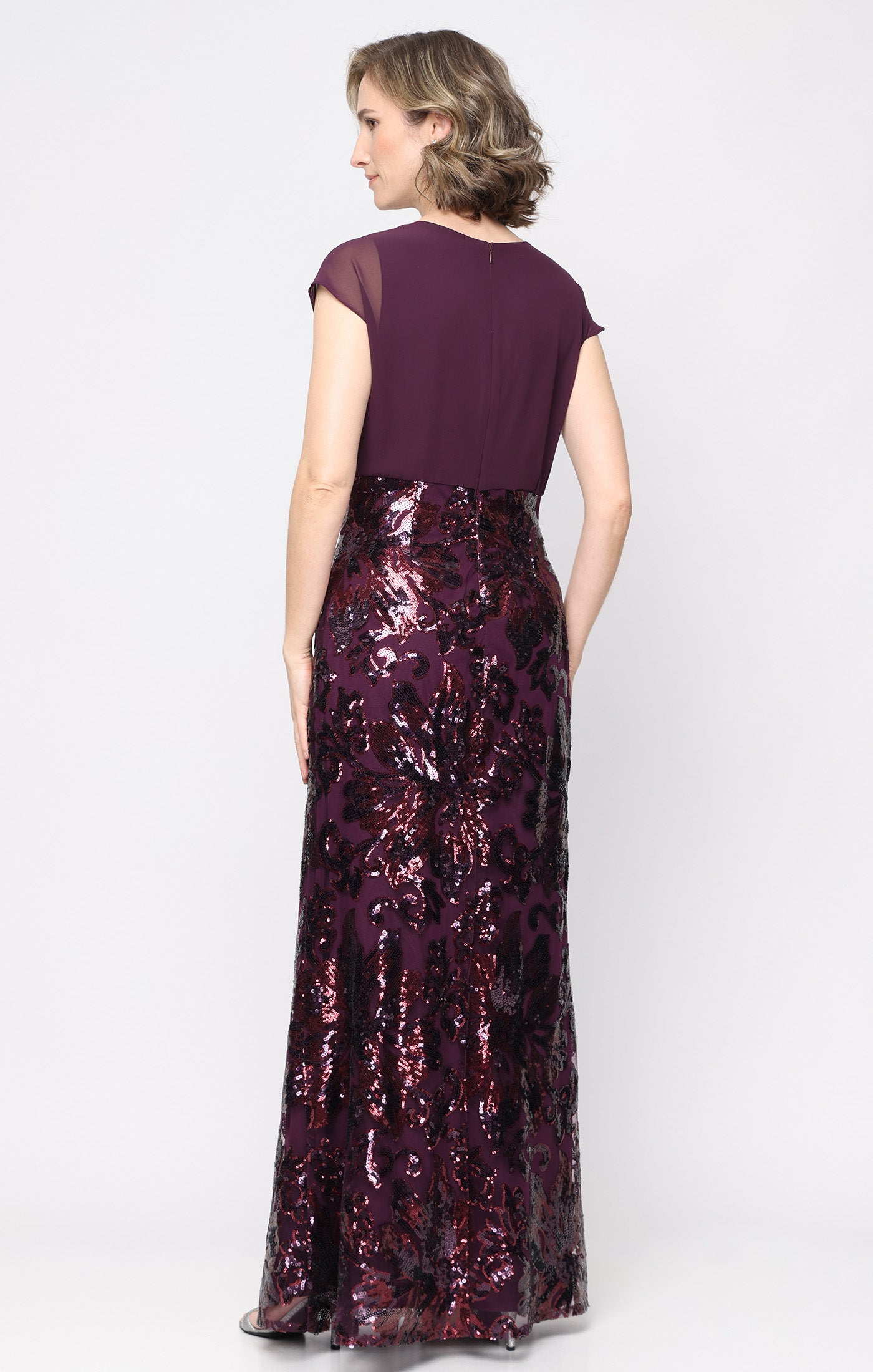 Long Stretch Sequin Dress with Chiffon Surplice Bodice