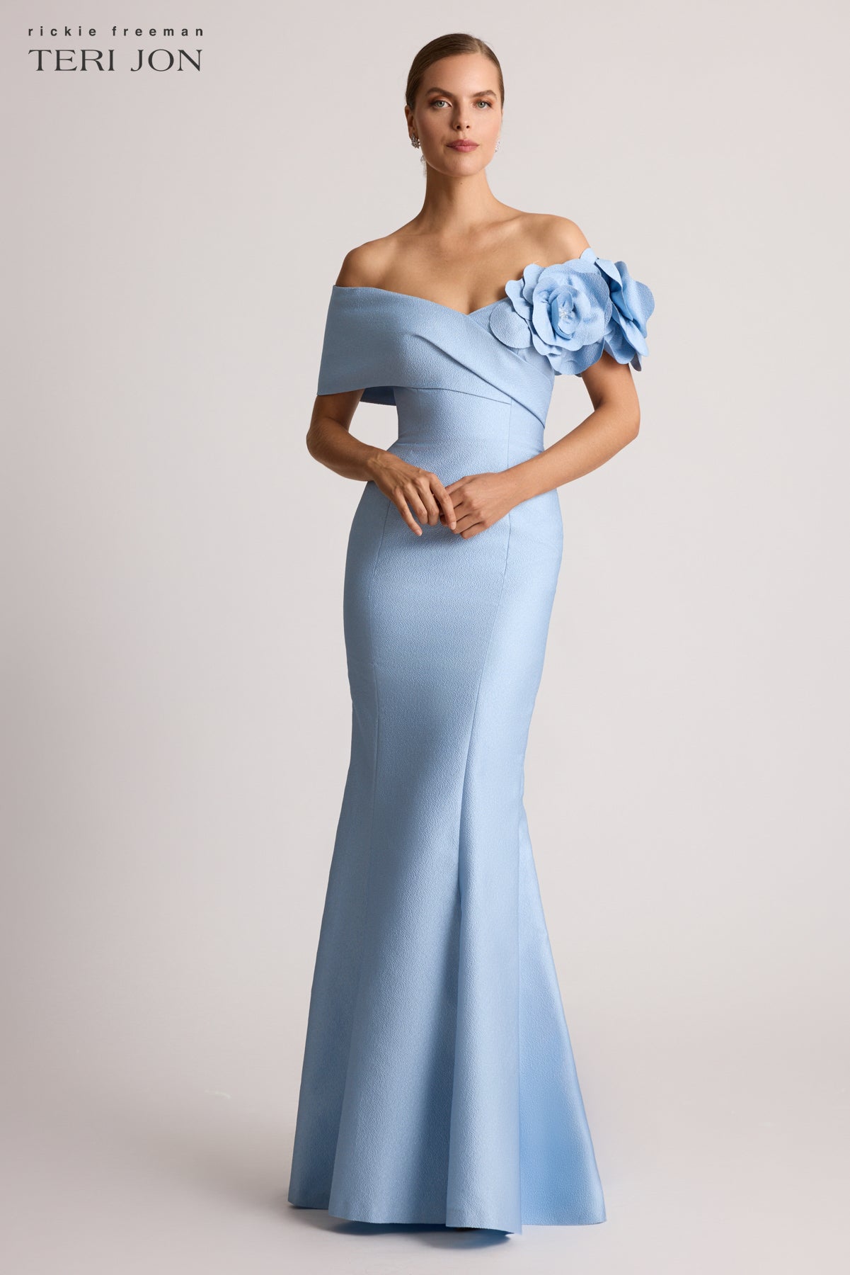 Pebble Jacquard 3D Flower Off The Shoulder Gown