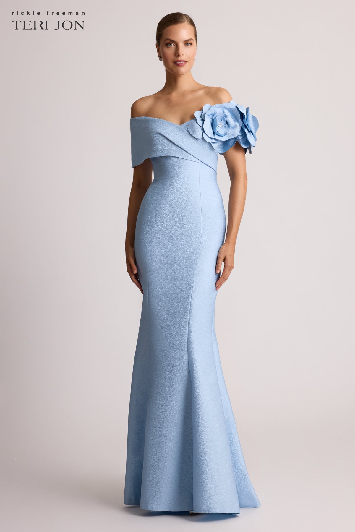 Pebble Jacquard 3D Flower Off The Shoulder Gown