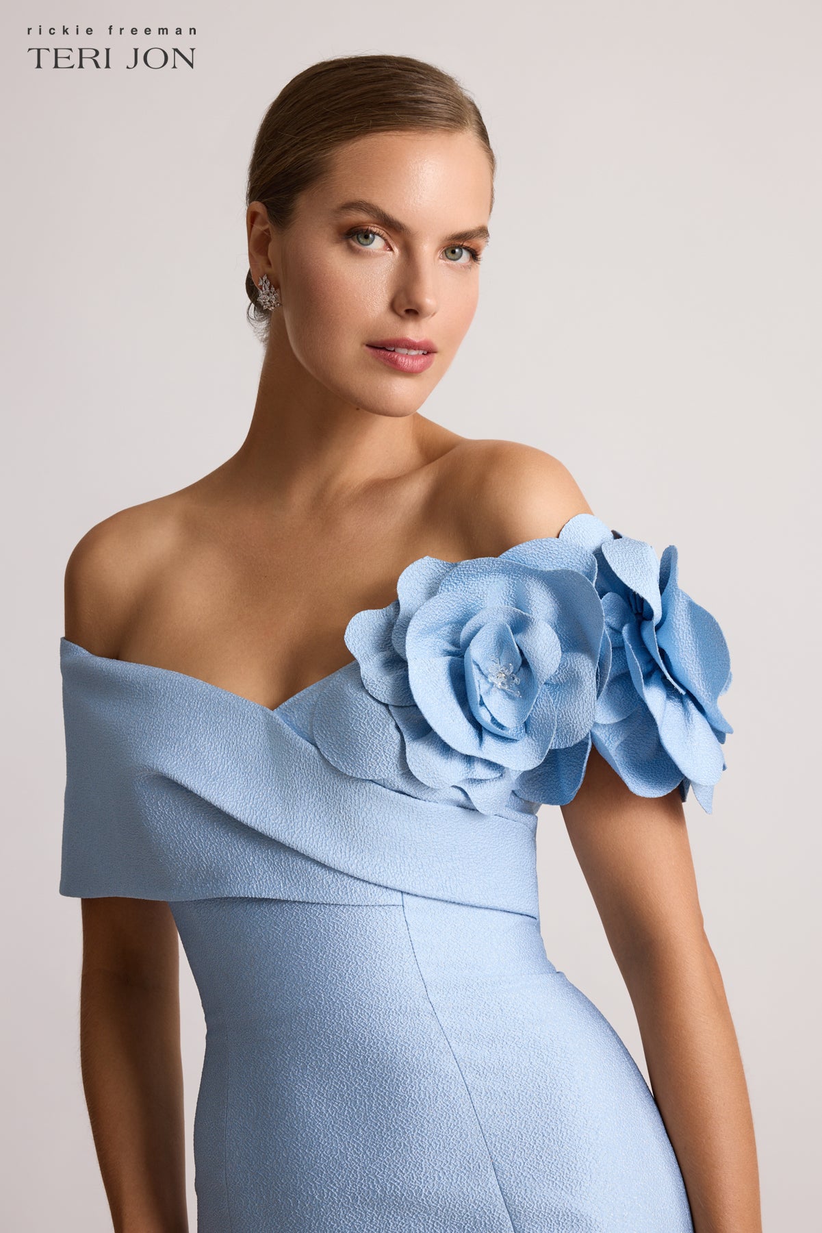 Pebble Jacquard 3D Flower Off The Shoulder Gown