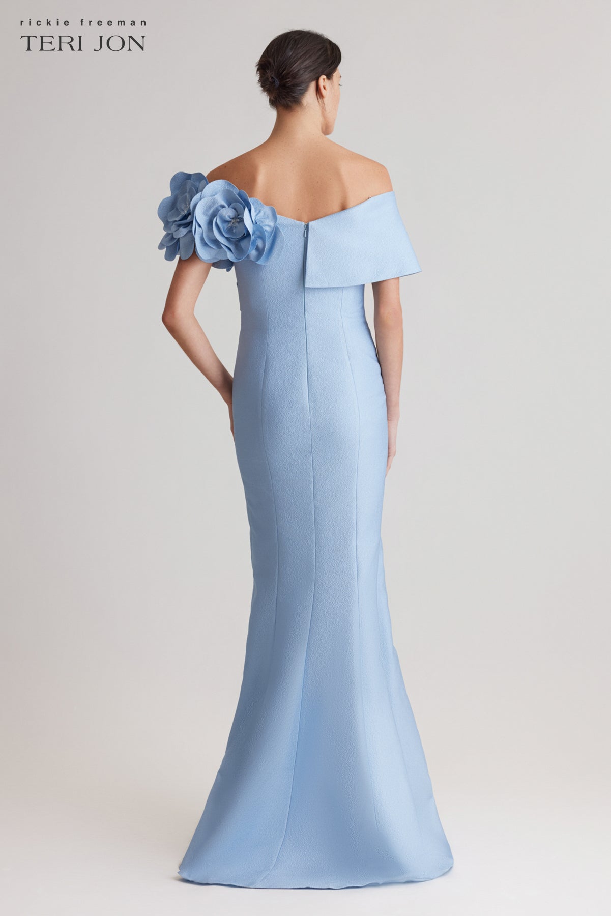 Pebble Jacquard 3D Flower Off The Shoulder Gown