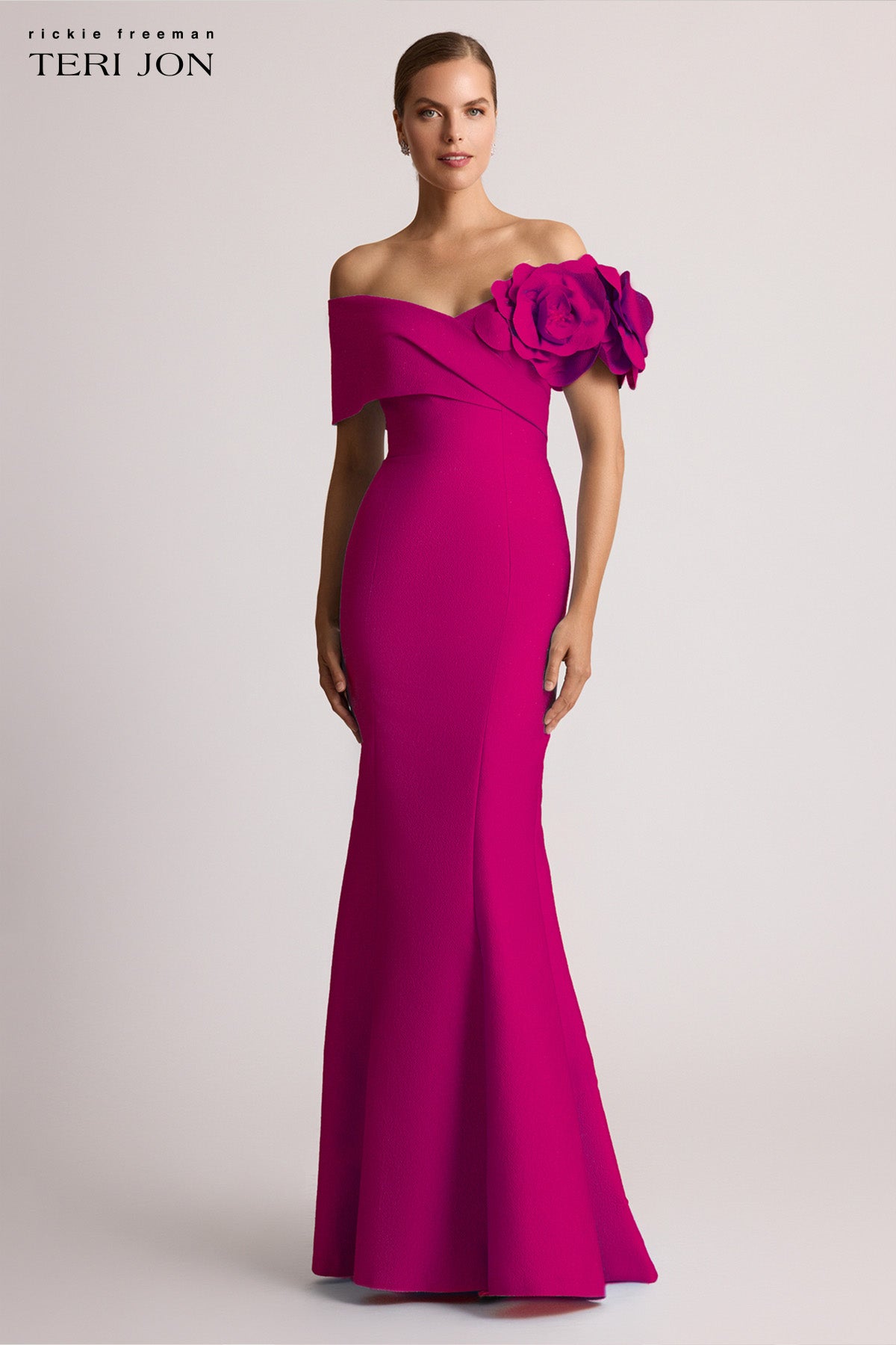 Pebble Jacquard 3D Flower Off The Shoulder Gown