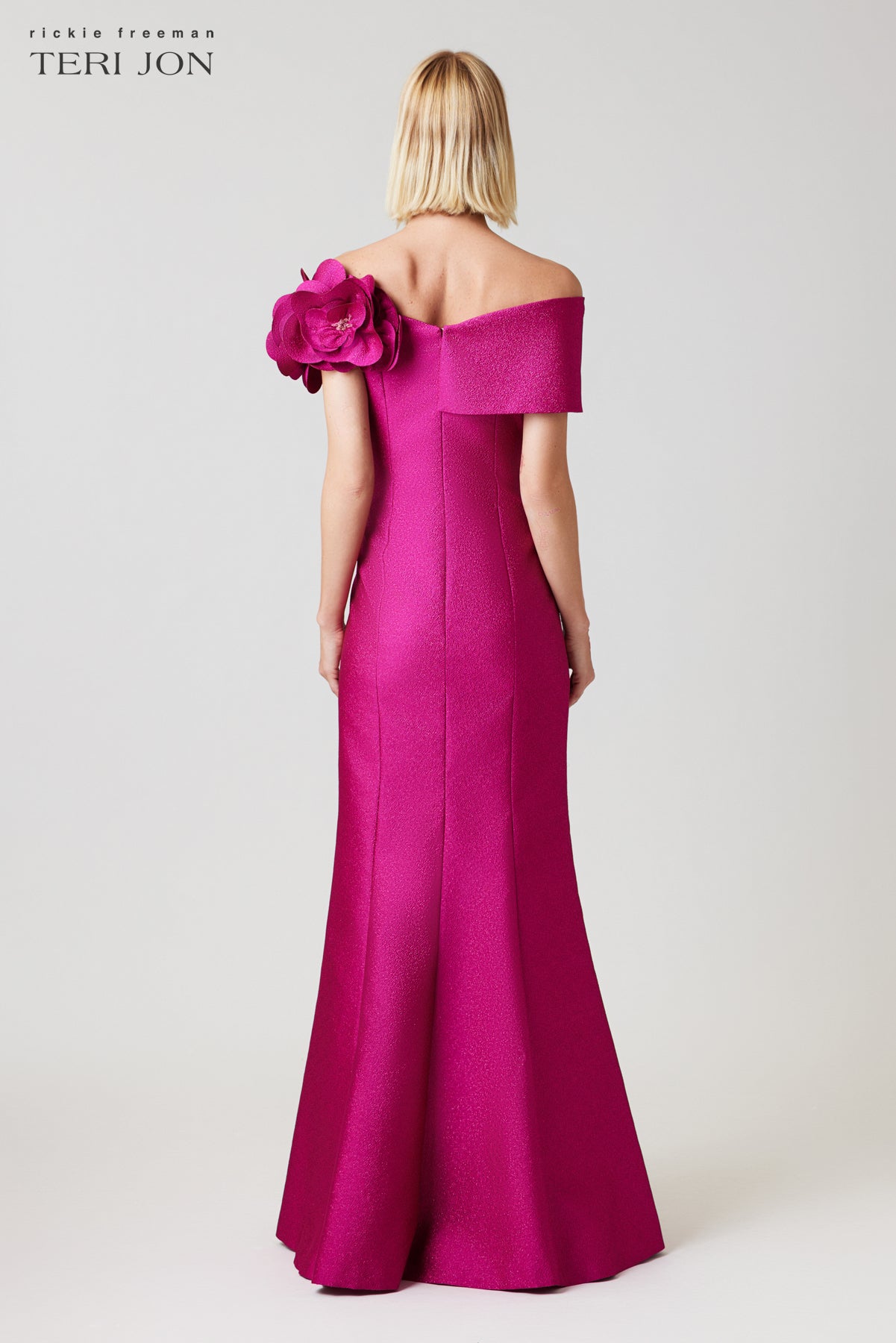 Pebble Jacquard 3D Flower Off The Shoulder Gown