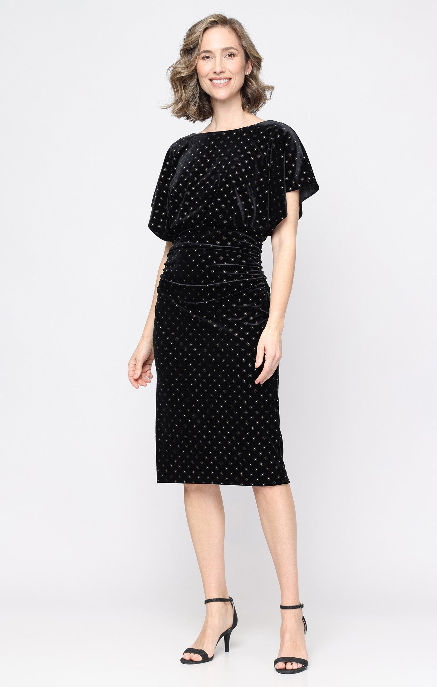 Short Hot Fix Sequin Stetch Velvet Blouson Dress with Flutter Sleeves
