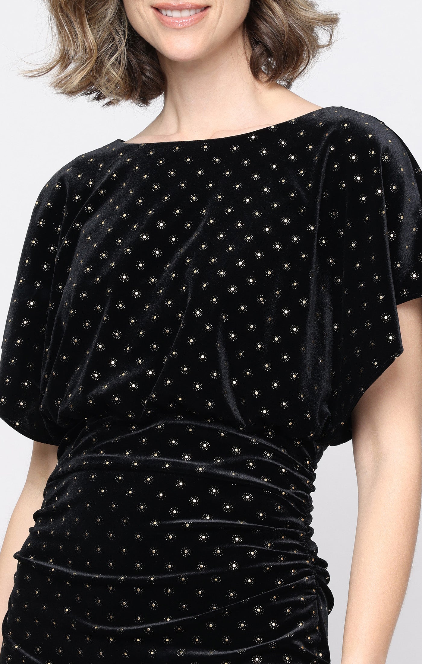 Short Hot Fix Sequin Stetch Velvet Blouson Dress with Flutter Sleeves