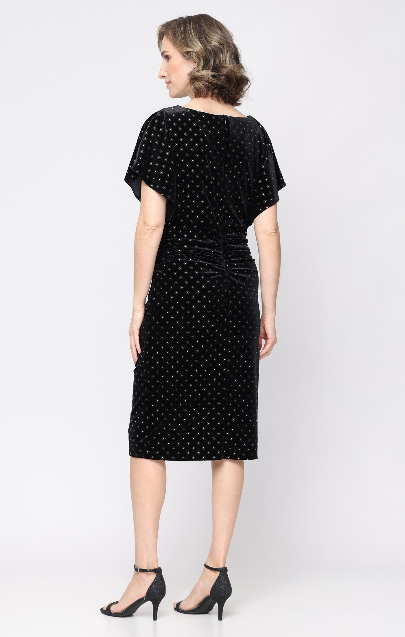 Short Hot Fix Sequin Stetch Velvet Blouson Dress with Flutter Sleeves