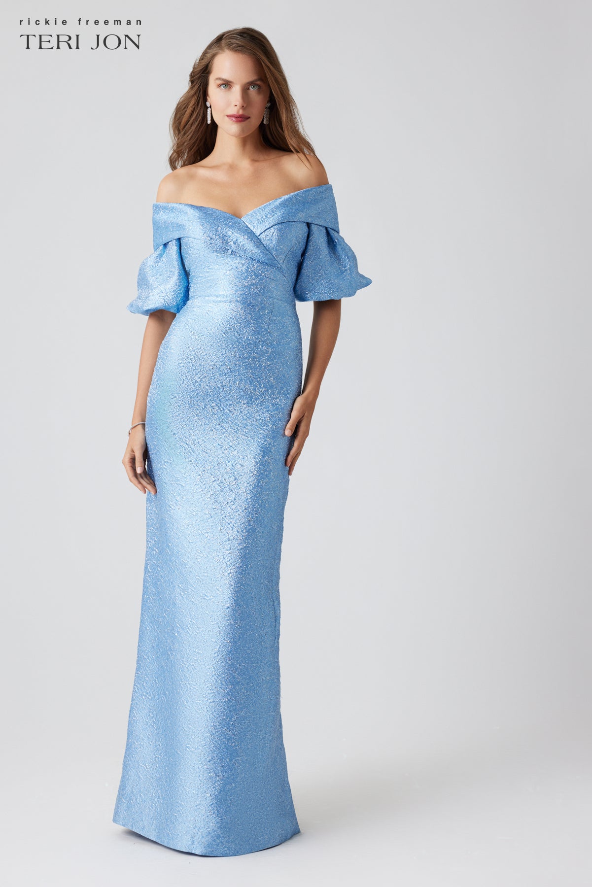 Metallic Jacquard Off Shoulder Puff Sleeve Gown