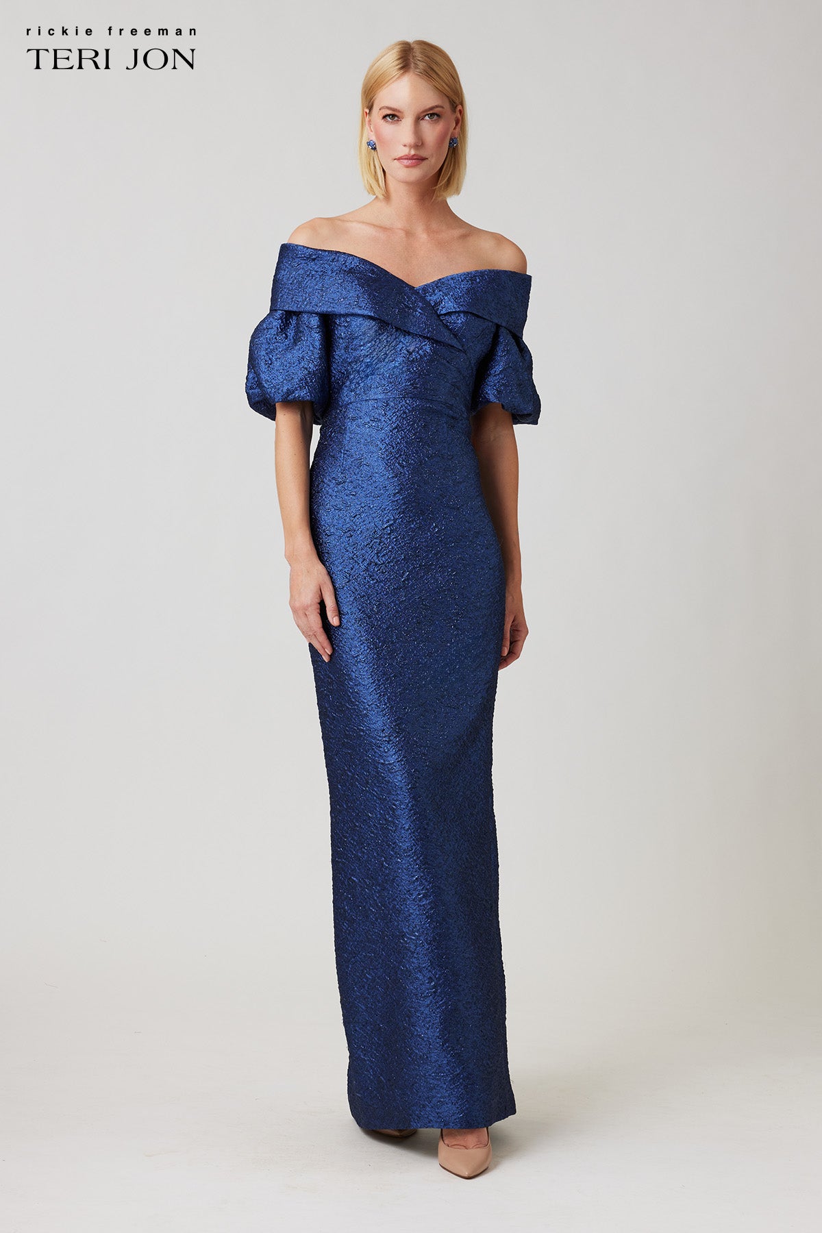 Metallic Jacquard Off Shoulder Puff Sleeve Gown