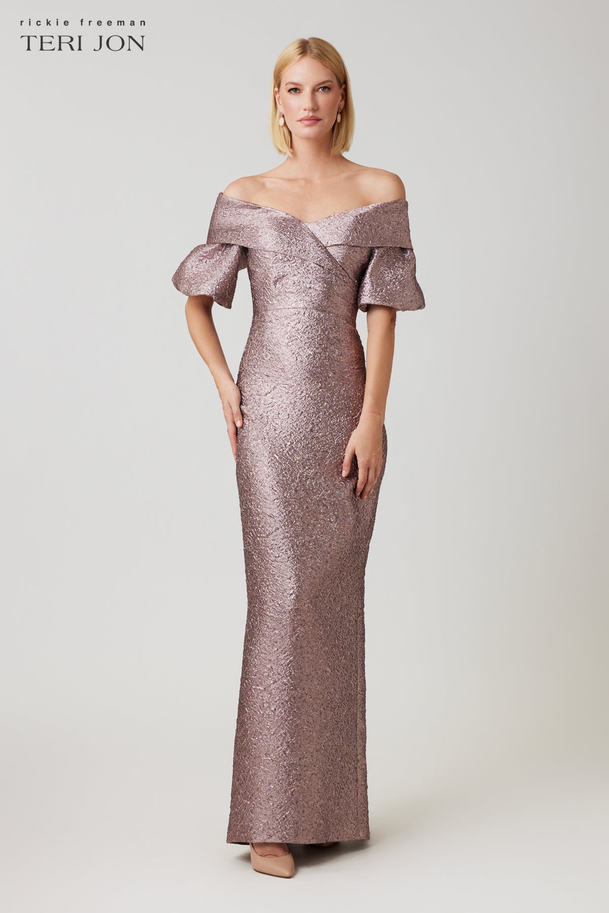 Metallic Jacquard Off Shoulder Puff Sleeve Gown