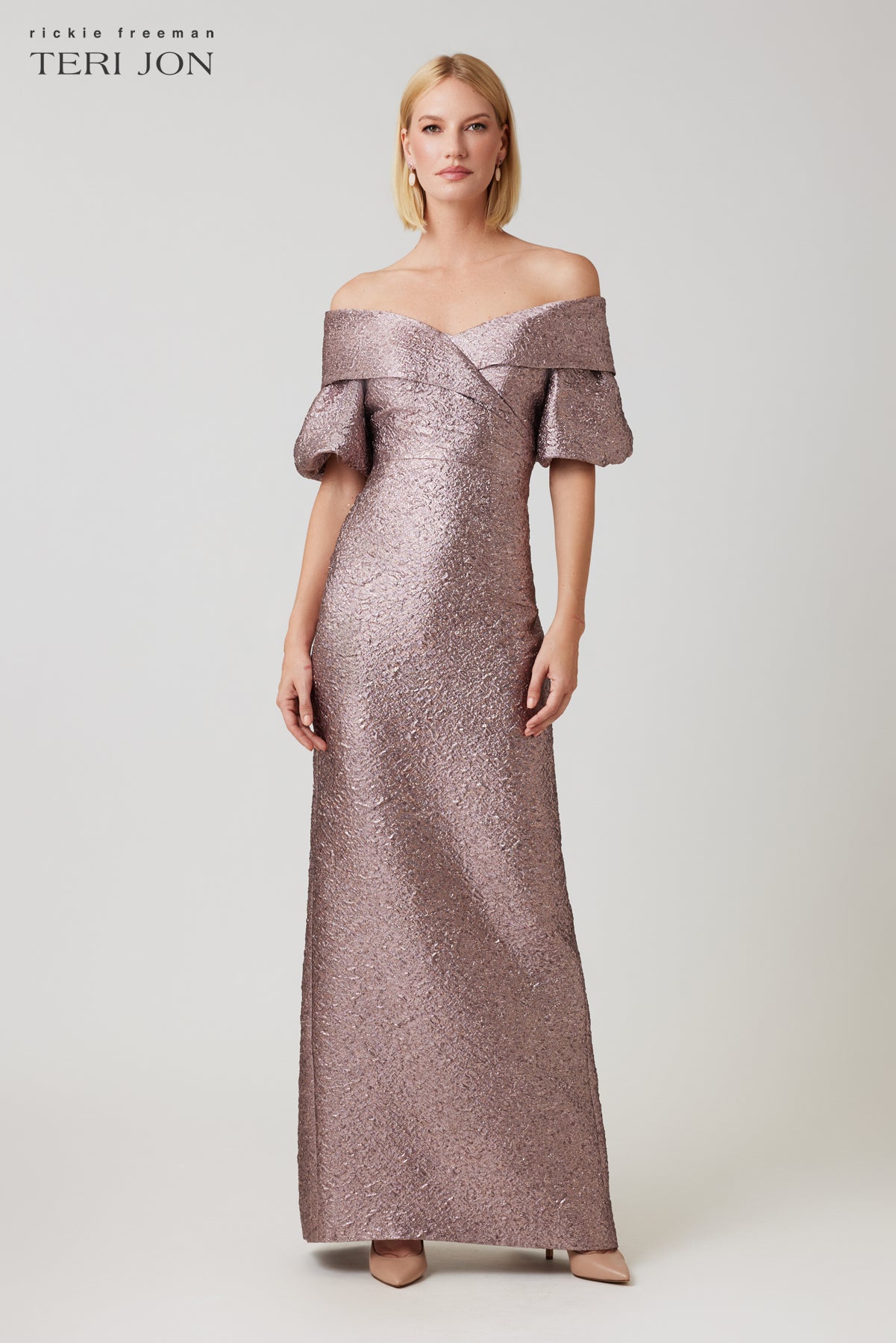 Metallic Jacquard Off Shoulder Puff Sleeve Gown